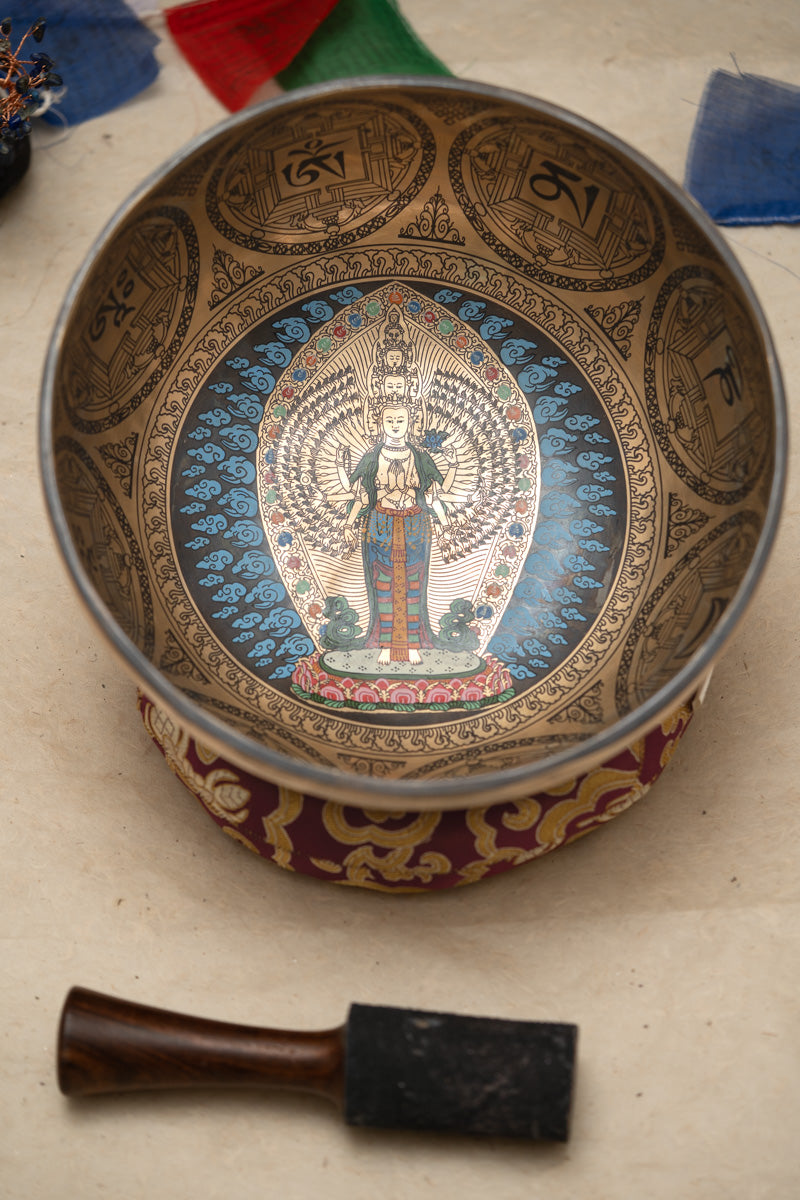 Avalokiteshvara Hand-Etched Singing Bowl for meditation.