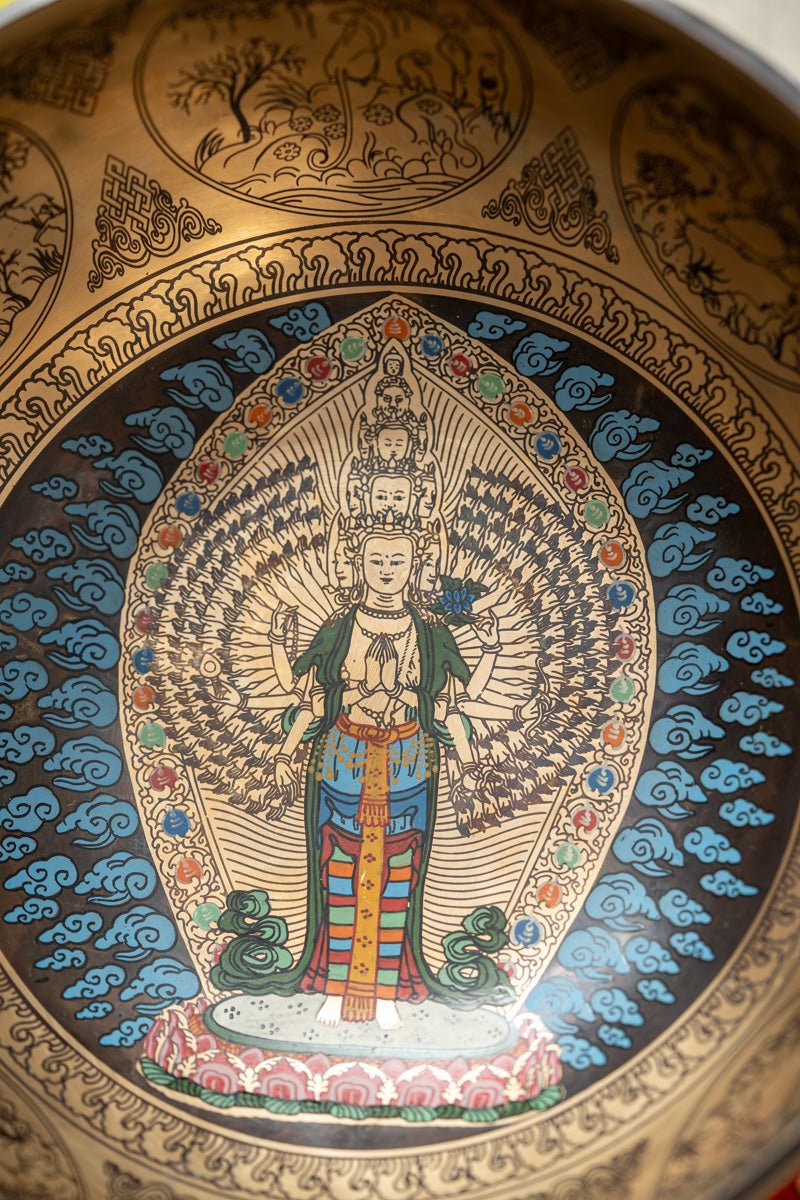 Avalokiteshvara Hand-Etched Singing Bowl for meditation.