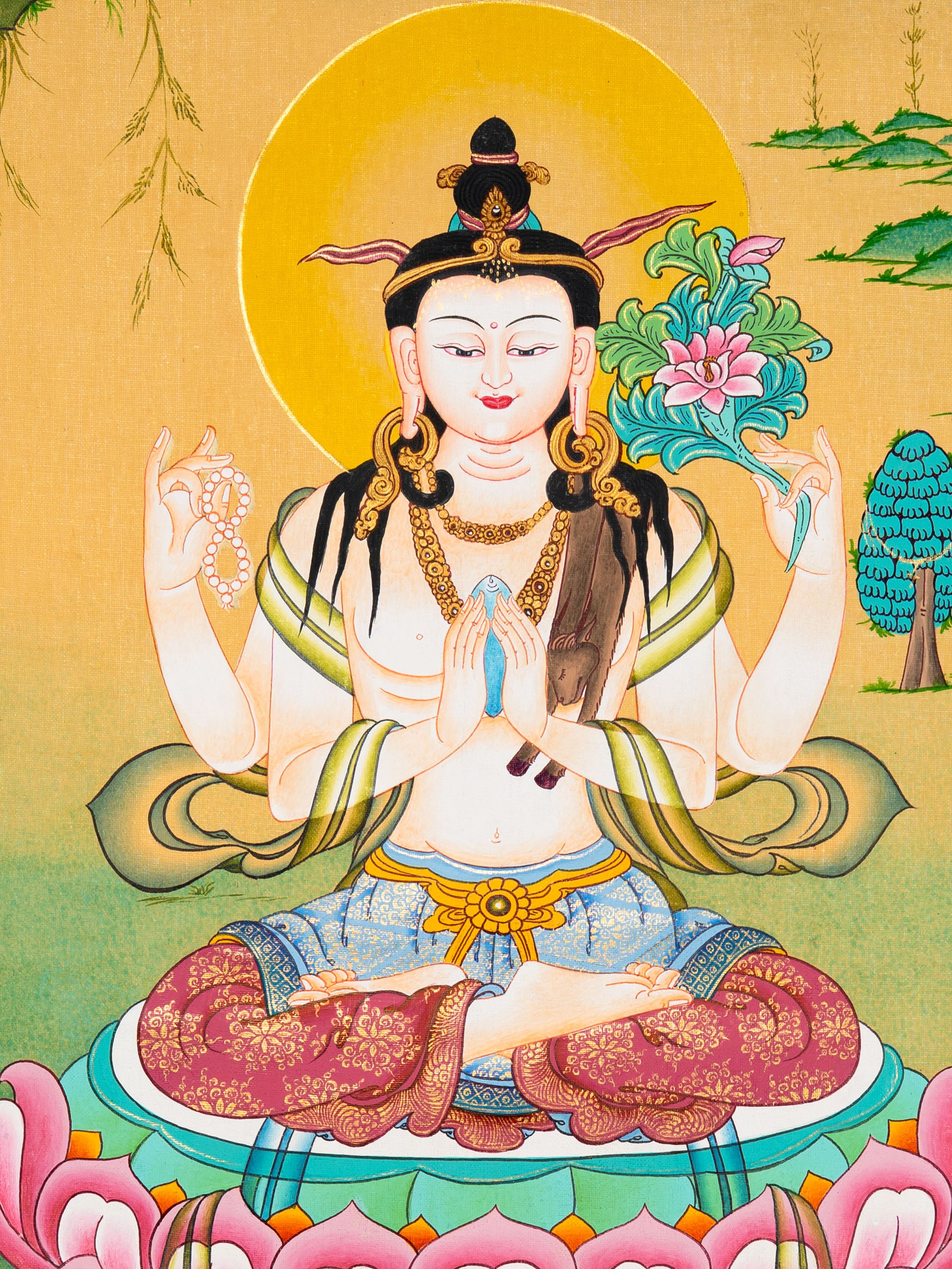 Chenrezig Tibetan Thangka Art - Handpainted Art