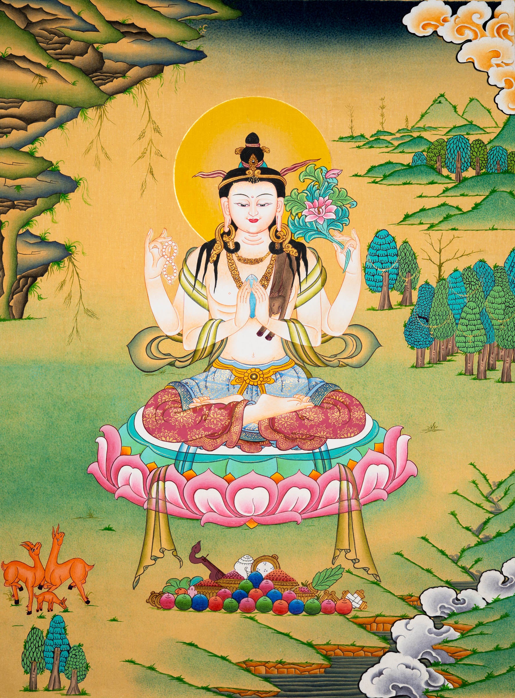 Chenrezig Tibetan Thangka Art - Handpainted Art