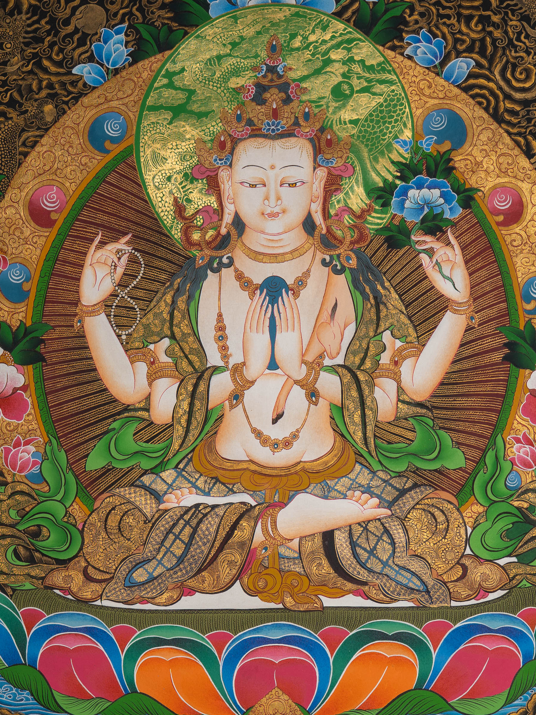 Hand-Painted Chenrezig Thangka - Tibetan Painting