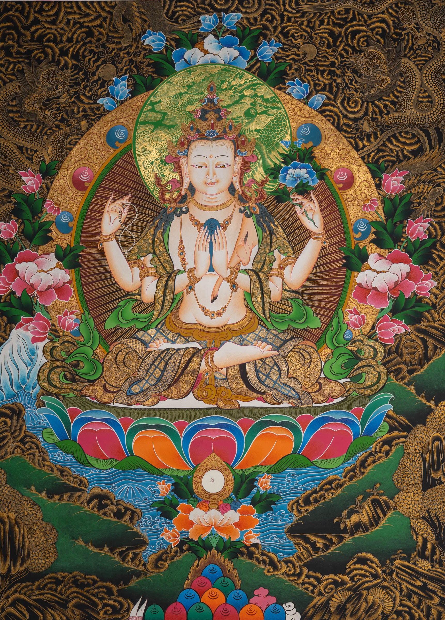 Hand-Painted Chenrezig Thangka - Tibetan Painting