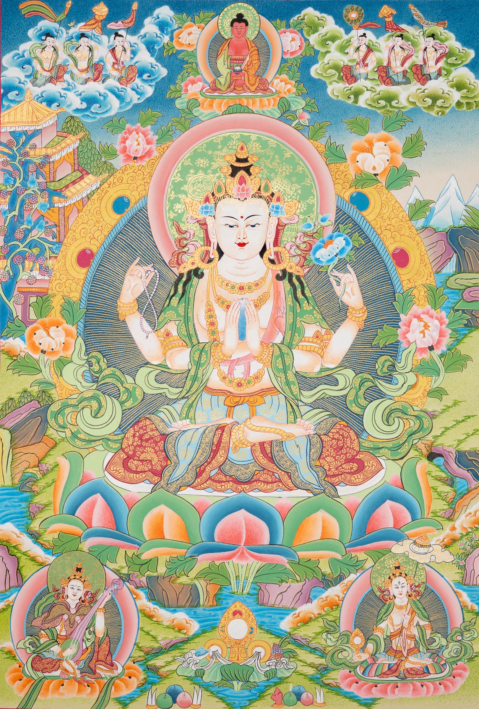 Hand-Painted Four-Armed Chenrezig Thangka