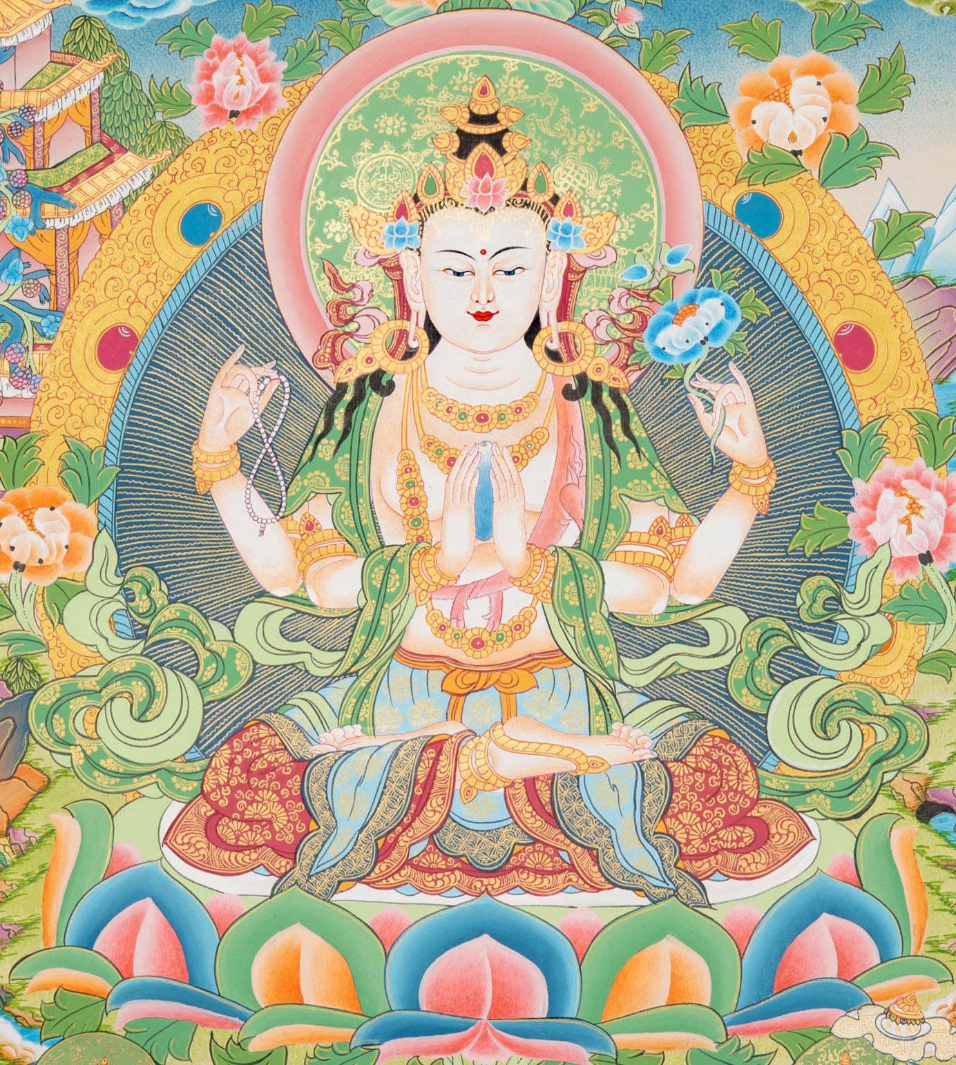 Hand-Painted Four-Armed Chenrezig Thangka