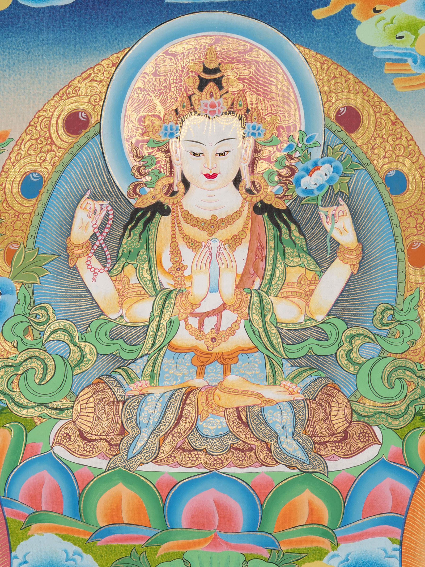 Hand-Painted Four-Armed Chenrezig Thangka - Sacred Painting