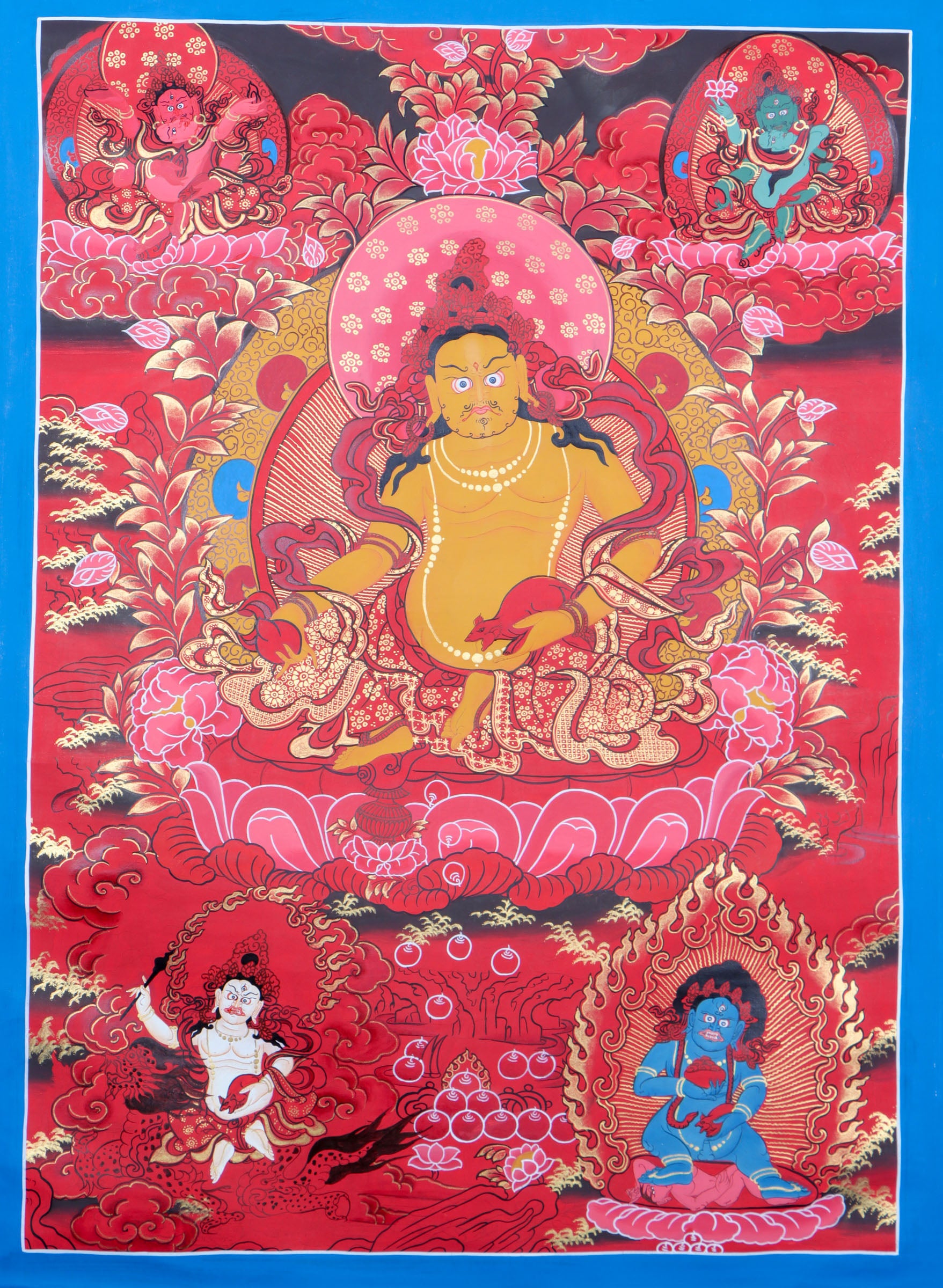 Kuber Thangka for reducing negative energy in red and gold color