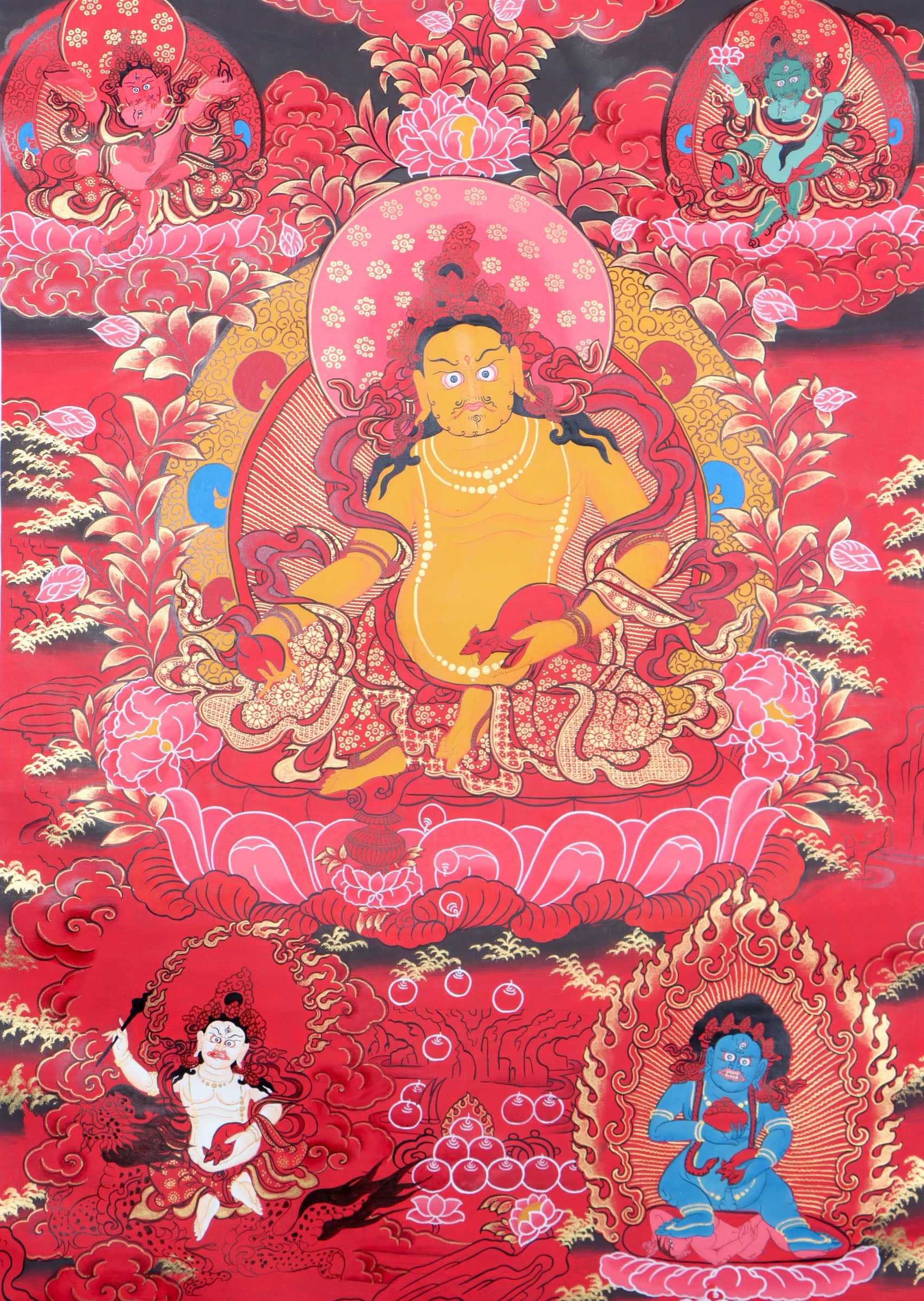 Kuber Thangka for reducing negative energy in red and gold color