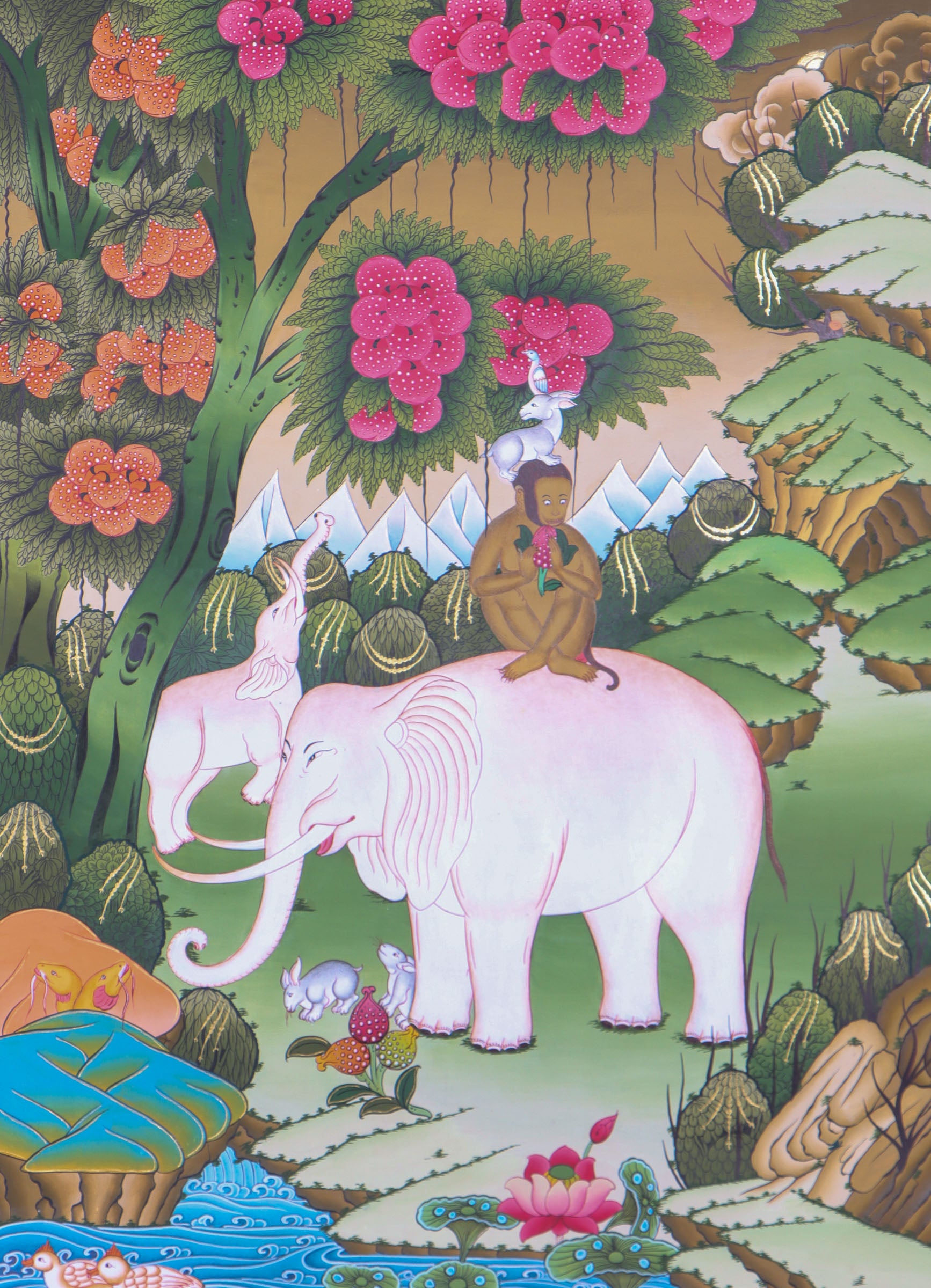 4 Harmonious Friends Thangka Painting for meditation on the virtues of cooperation and harmony.