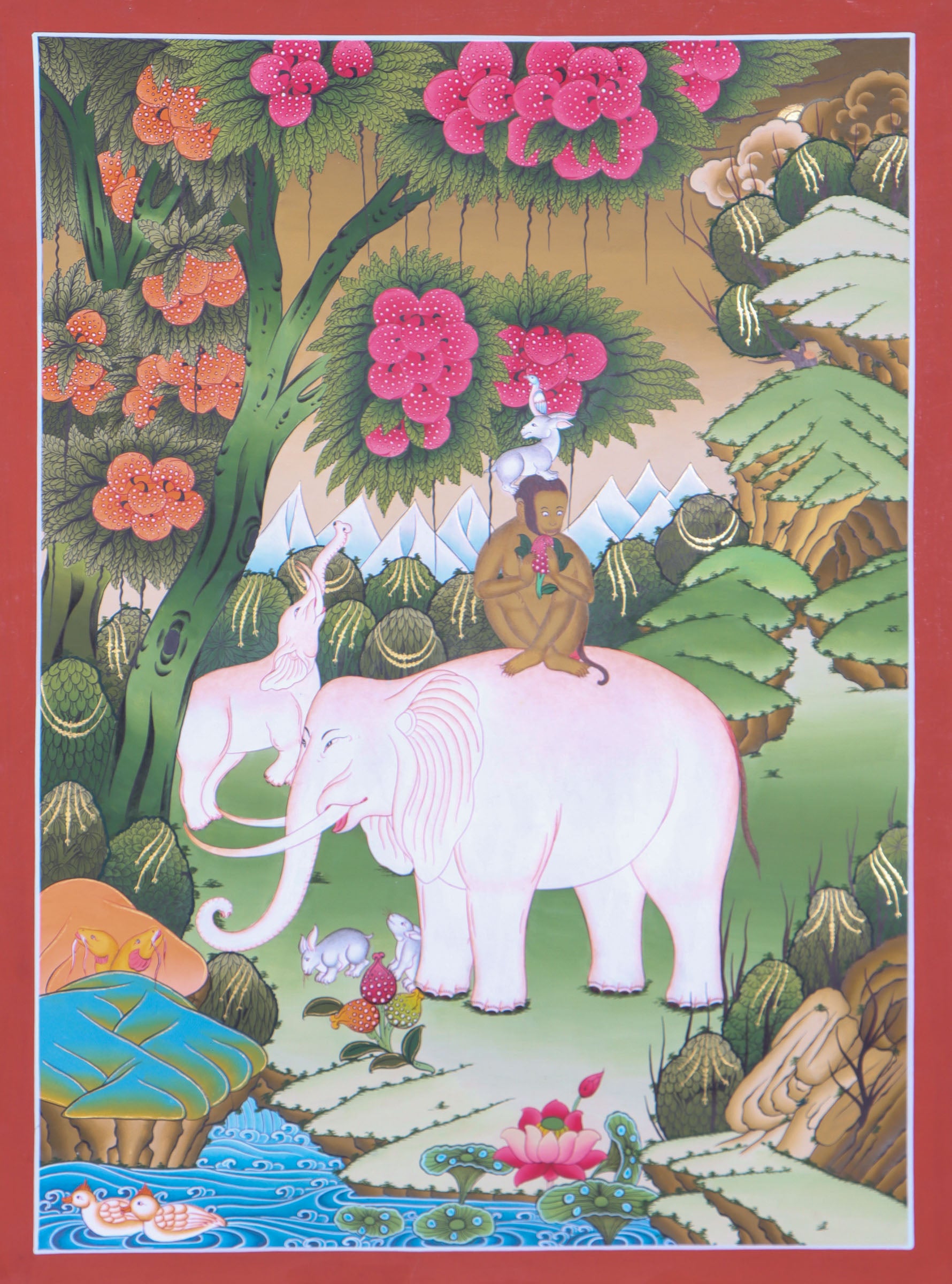 4 Harmonious Friends Thangka Painting for meditation on the virtues of cooperation and harmony.