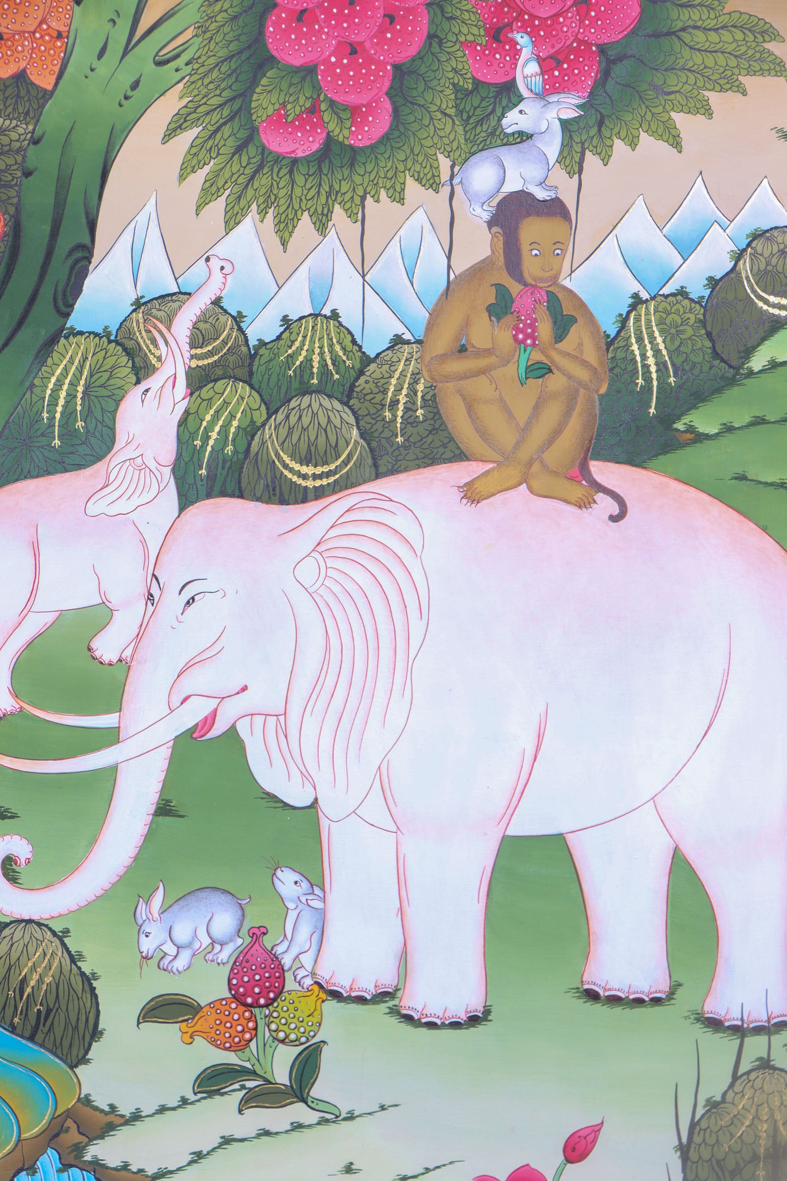 4 Harmonious Friends Thangka Painting for meditation on the virtues of cooperation and harmony.