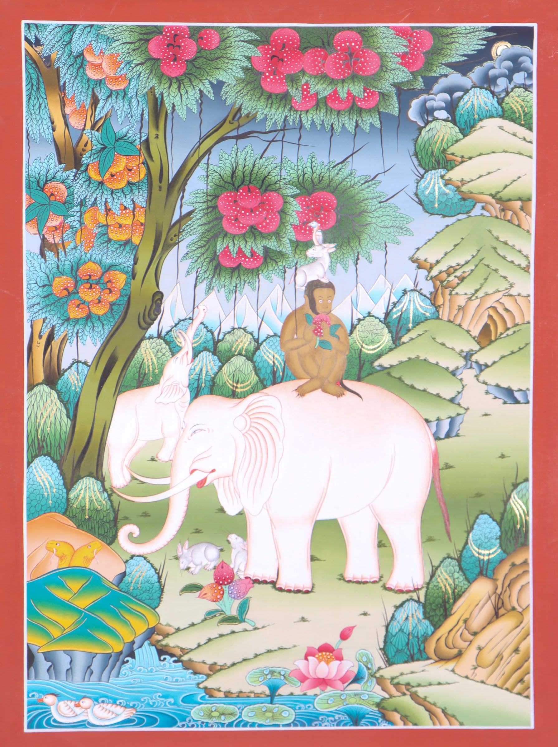 4 Harmonious Friends Thangka Painting for wall hanging decor.