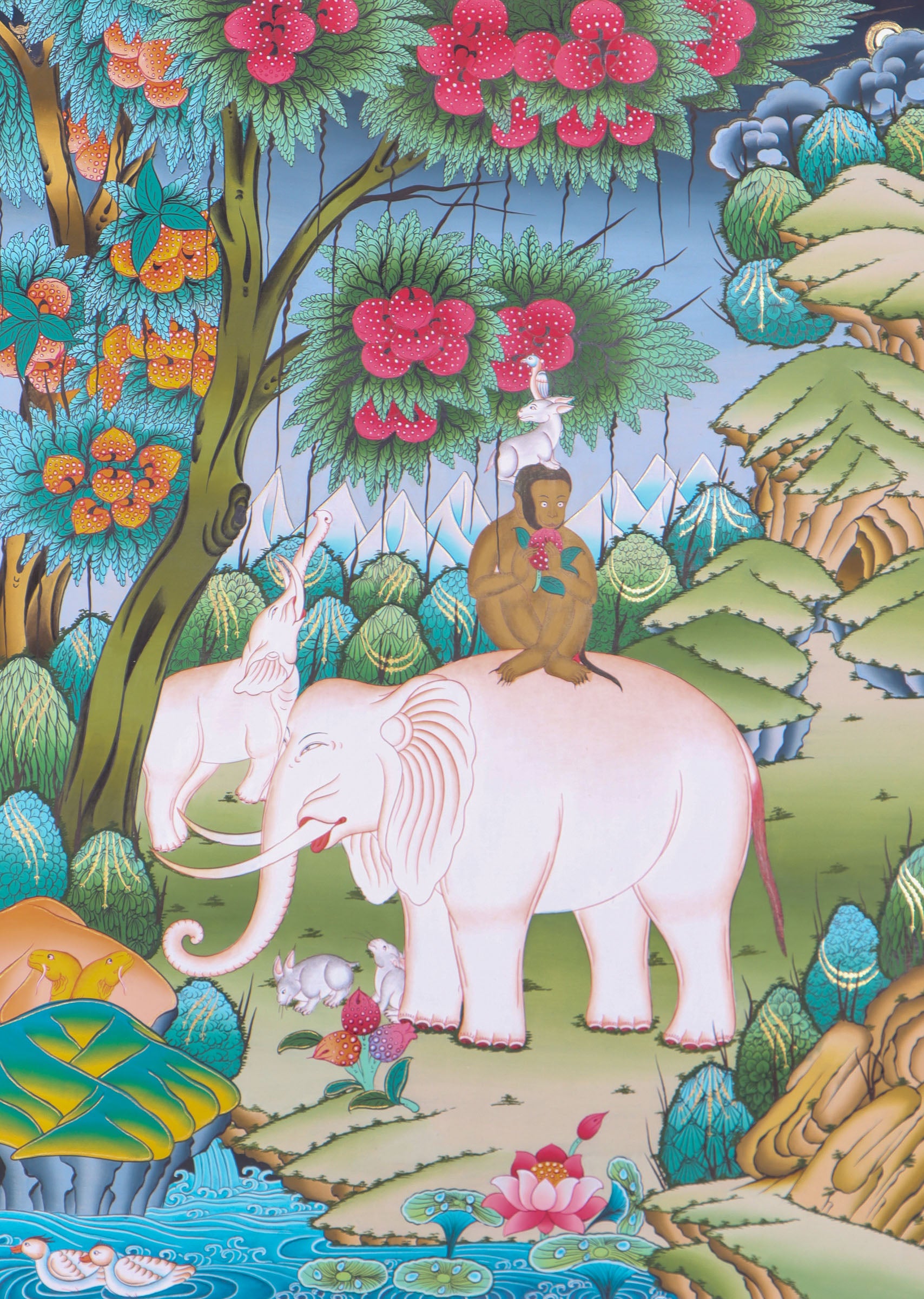 4 Harmonious Friends Thangka Painting for wall hanging decor.