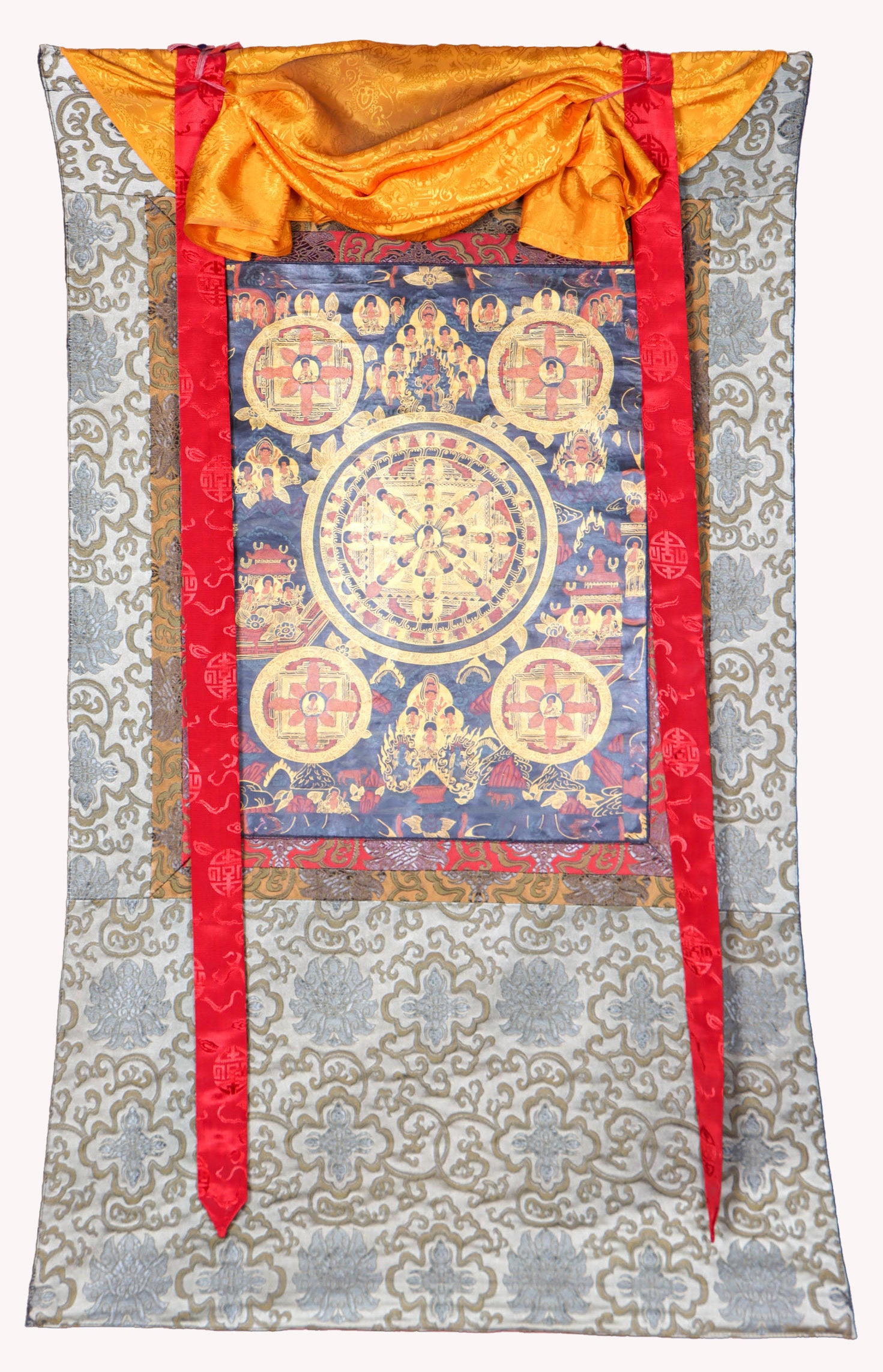 5 Buddha Mandala Brocade Thangka for buddhist ritual.
