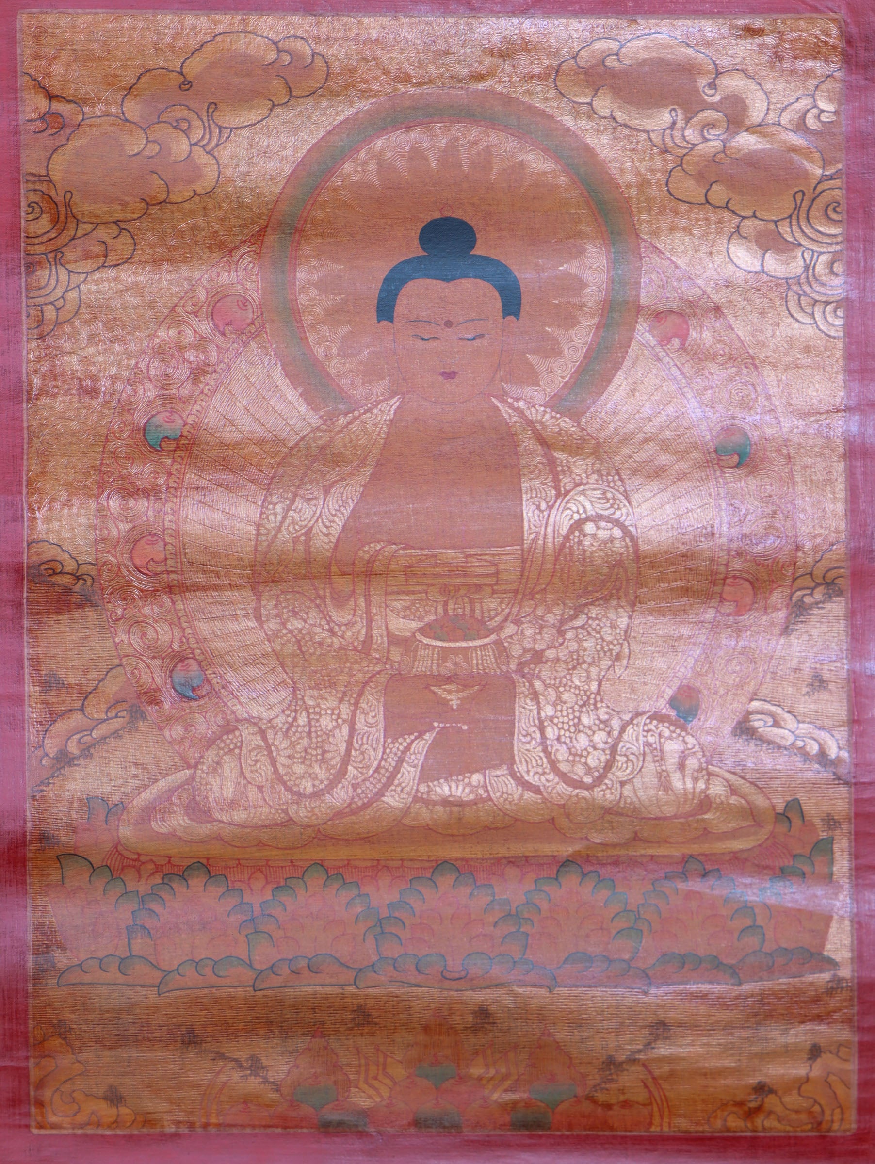 Antique Amitabha Buddha Thangka for wall decor.
