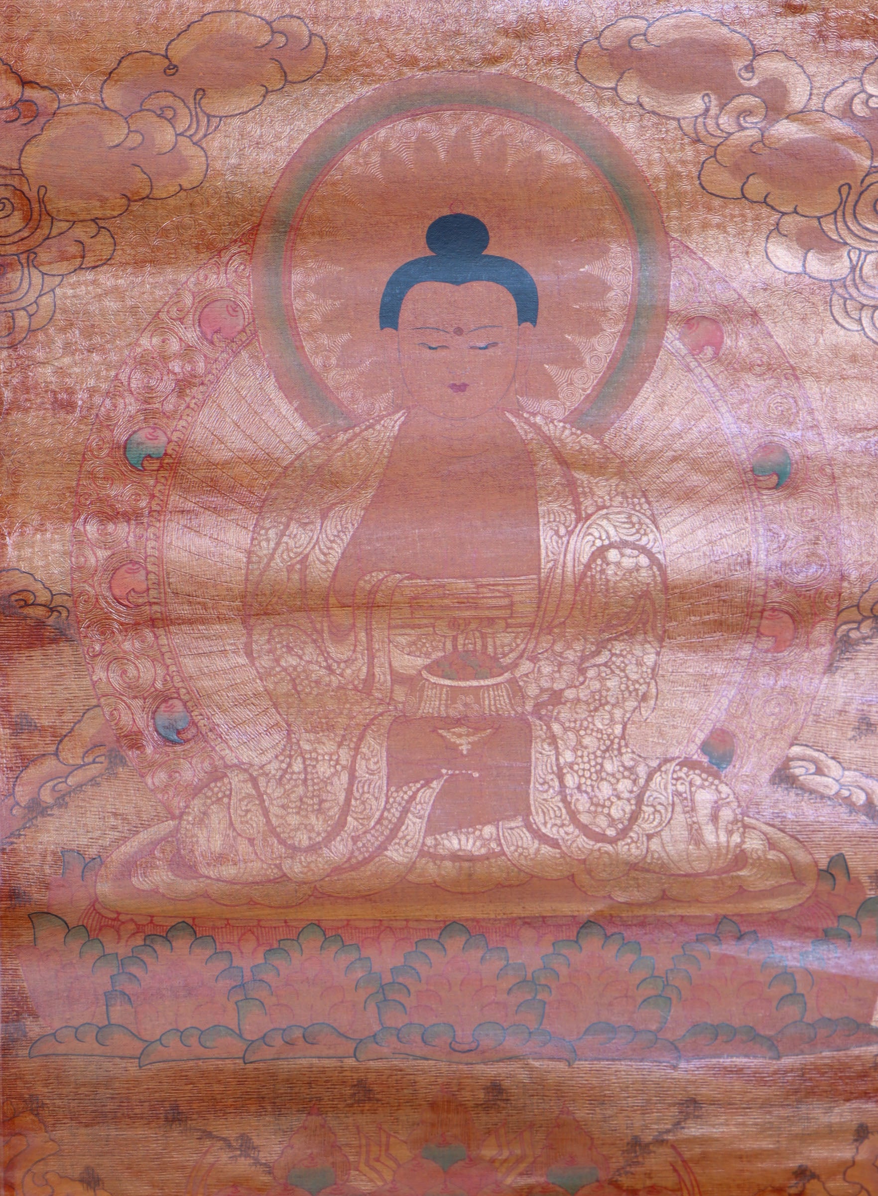 Antique Amitabha Buddha Thangka for wall decor.