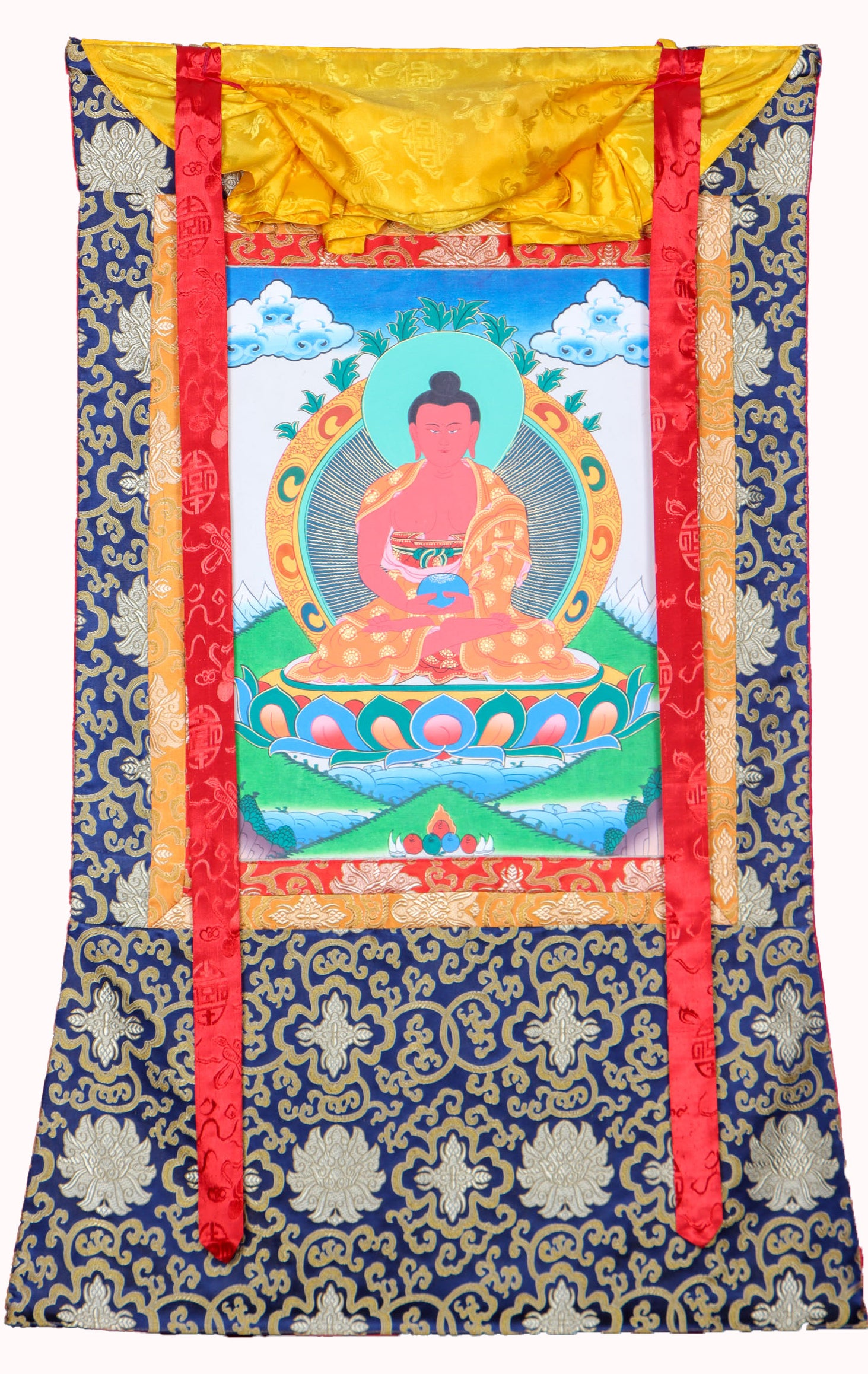 Amitabha Brocade Thangka Painting for prayer and devotion.