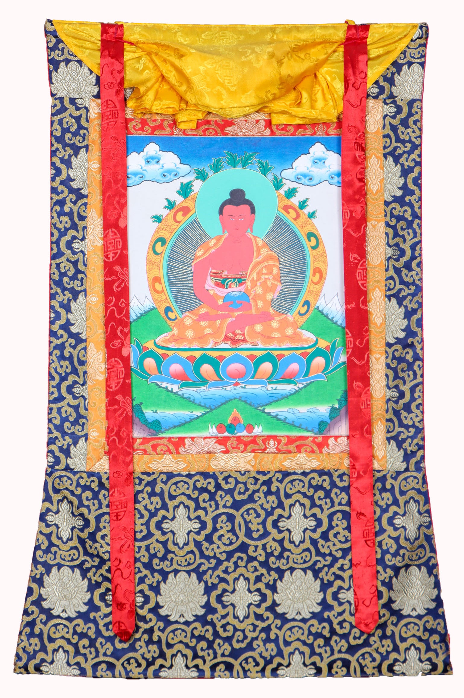 Amitabha Brocade Thangka Painting for prayer and devotion.