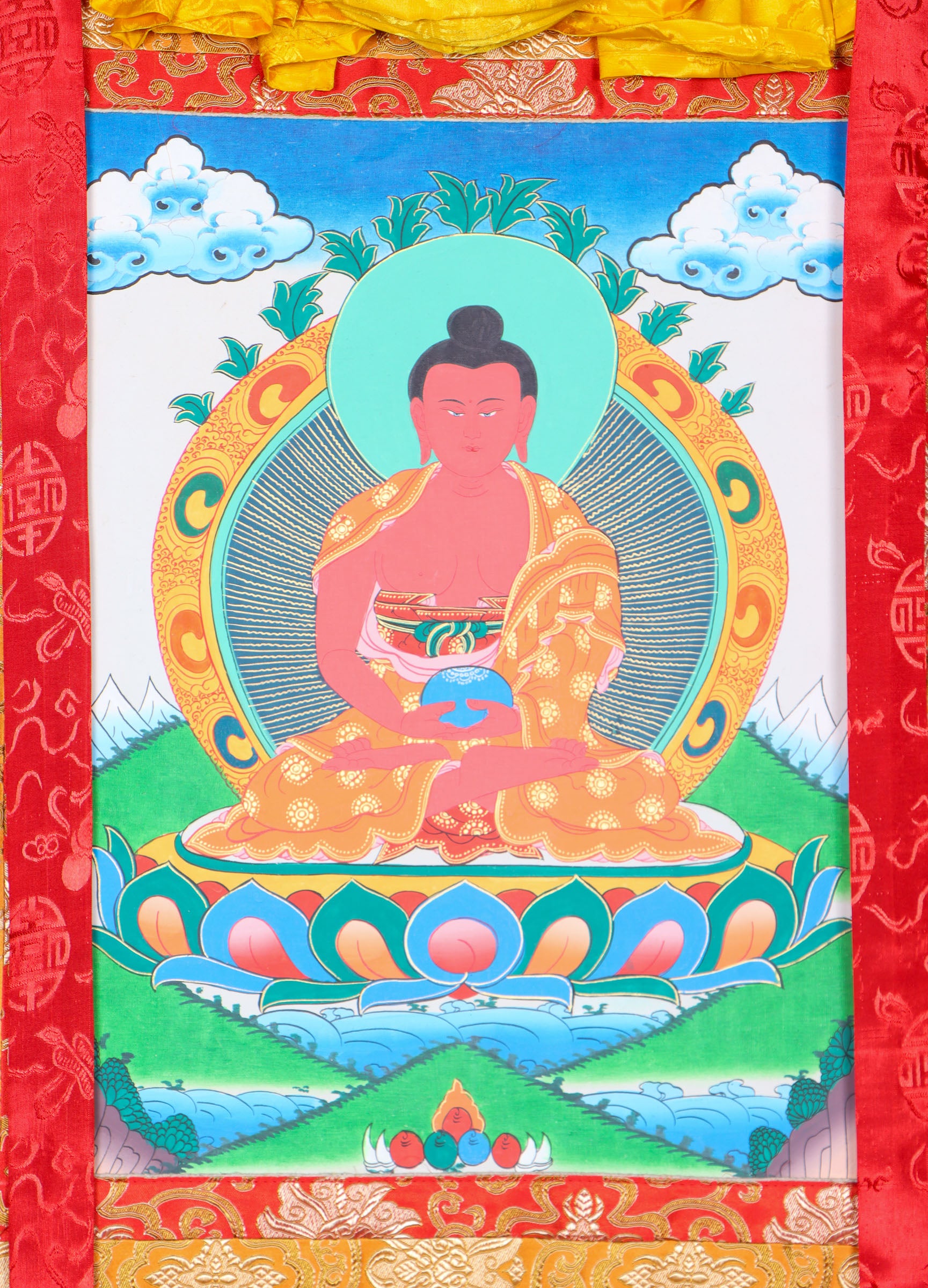 Amitabha Brocade Thangka Painting for prayer and devotion.