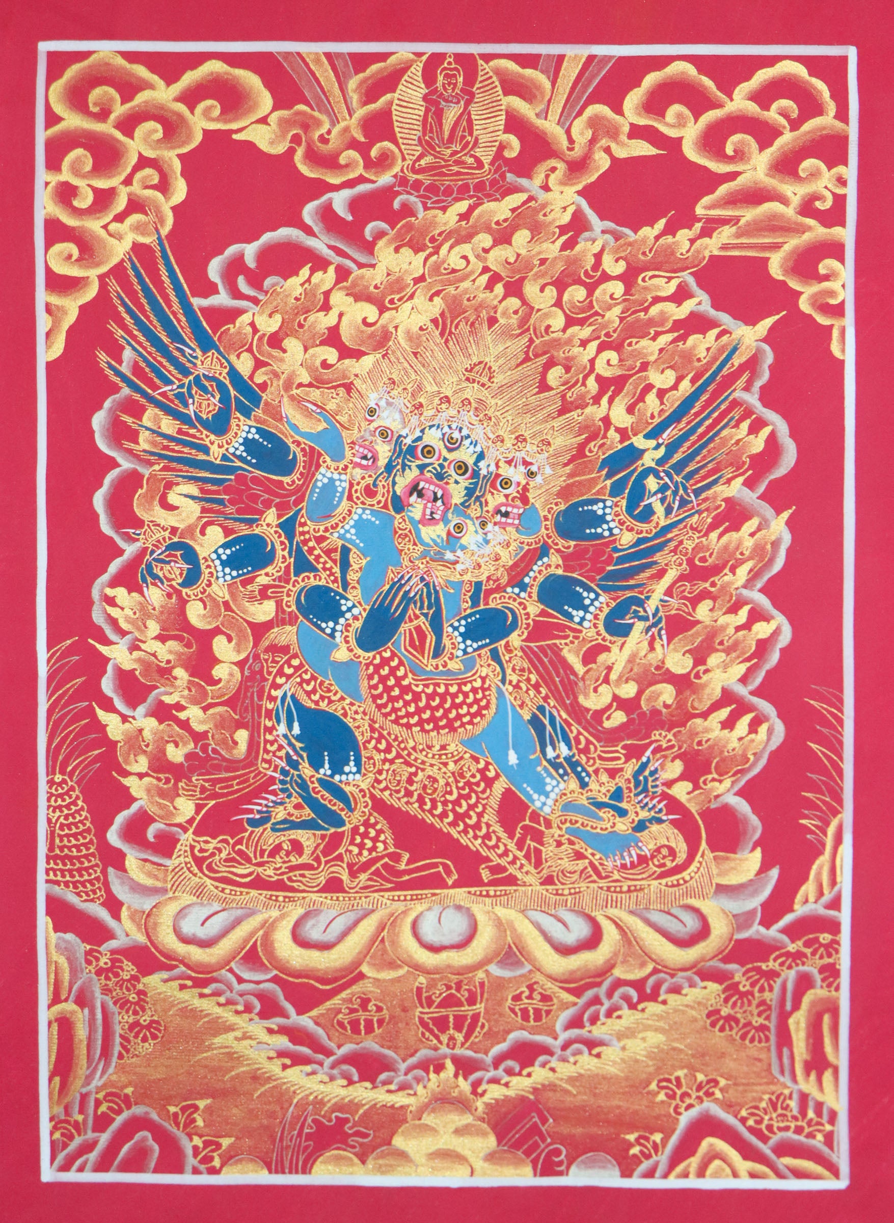 Vajrakilaya thangka symbolizes protection from obstacles, negative energies, and spiritual interference.