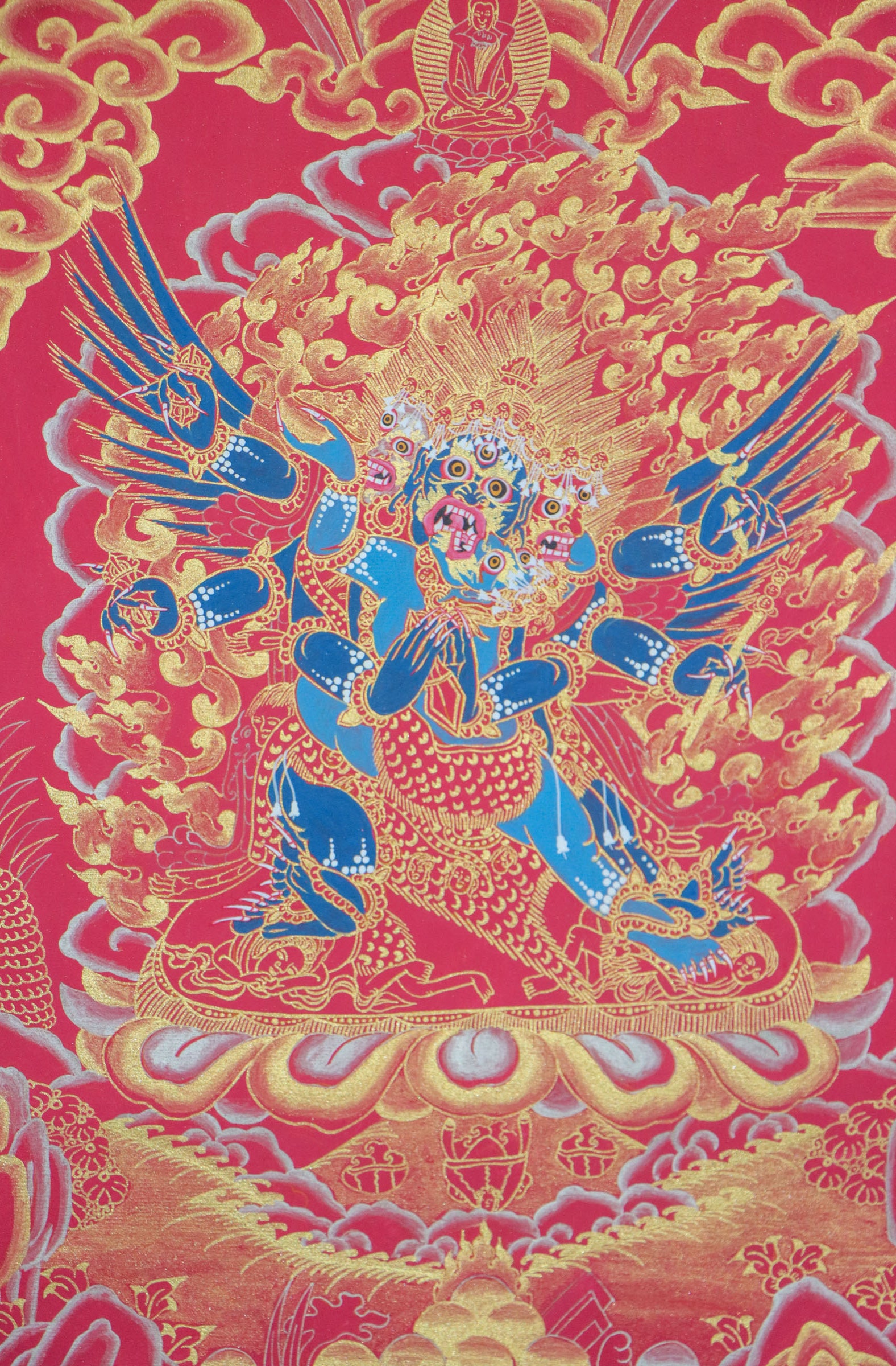 Vajrakilaya thangka symbolizes protection from obstacles, negative energies, and spiritual interference.