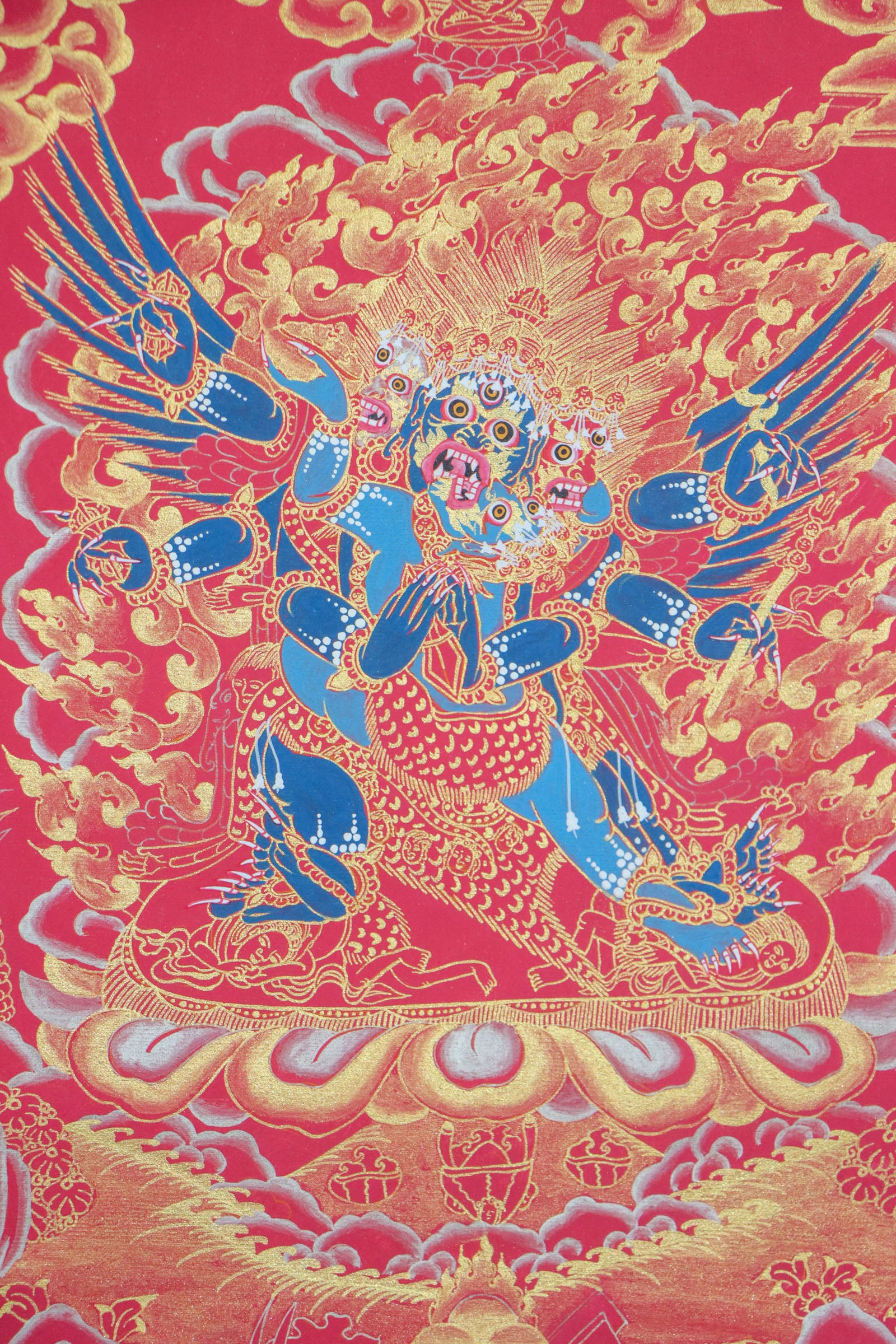 Vajrakilaya thangka symbolizes protection from obstacles, negative energies, and spiritual interference.