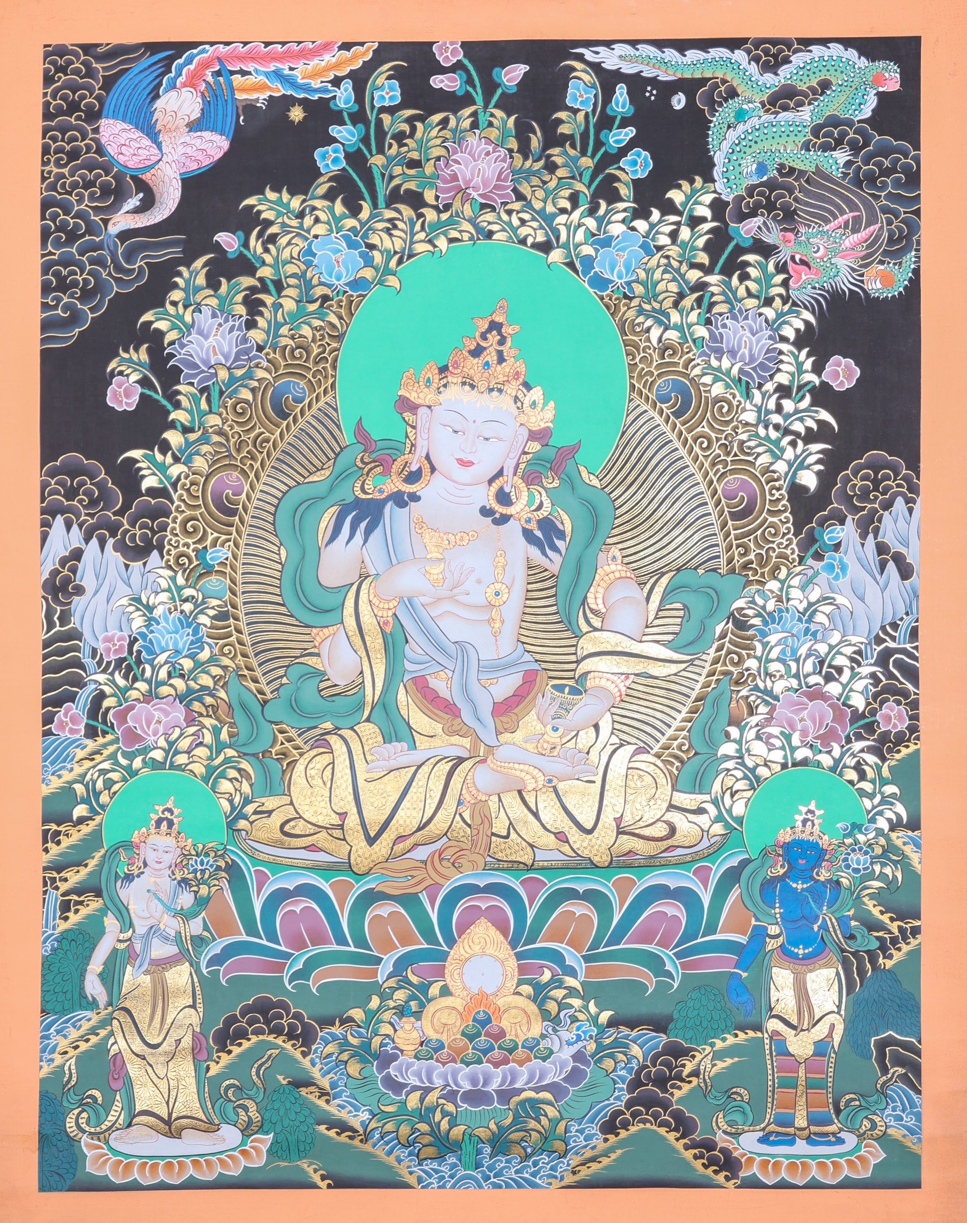 Vajrasattva Thangka Painting for elimination of negative karma, mistakes, and impurities.