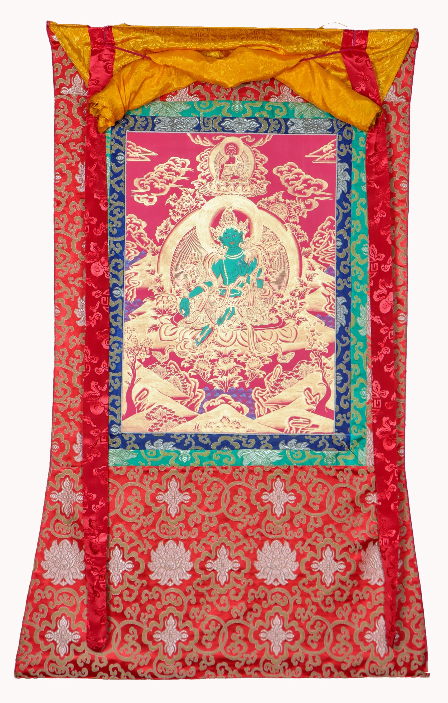 Green Tara Brocade Thangka Painting for spirituality.