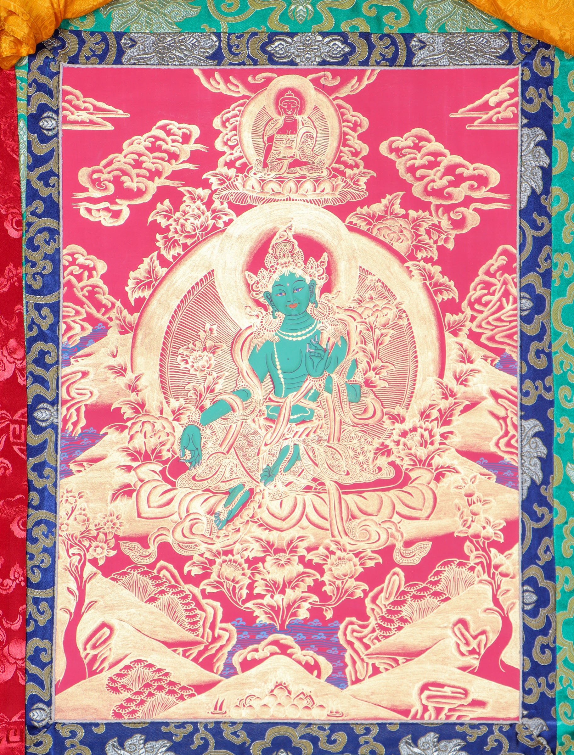 Green Tara Brocade Thangka Painting for spirituality.