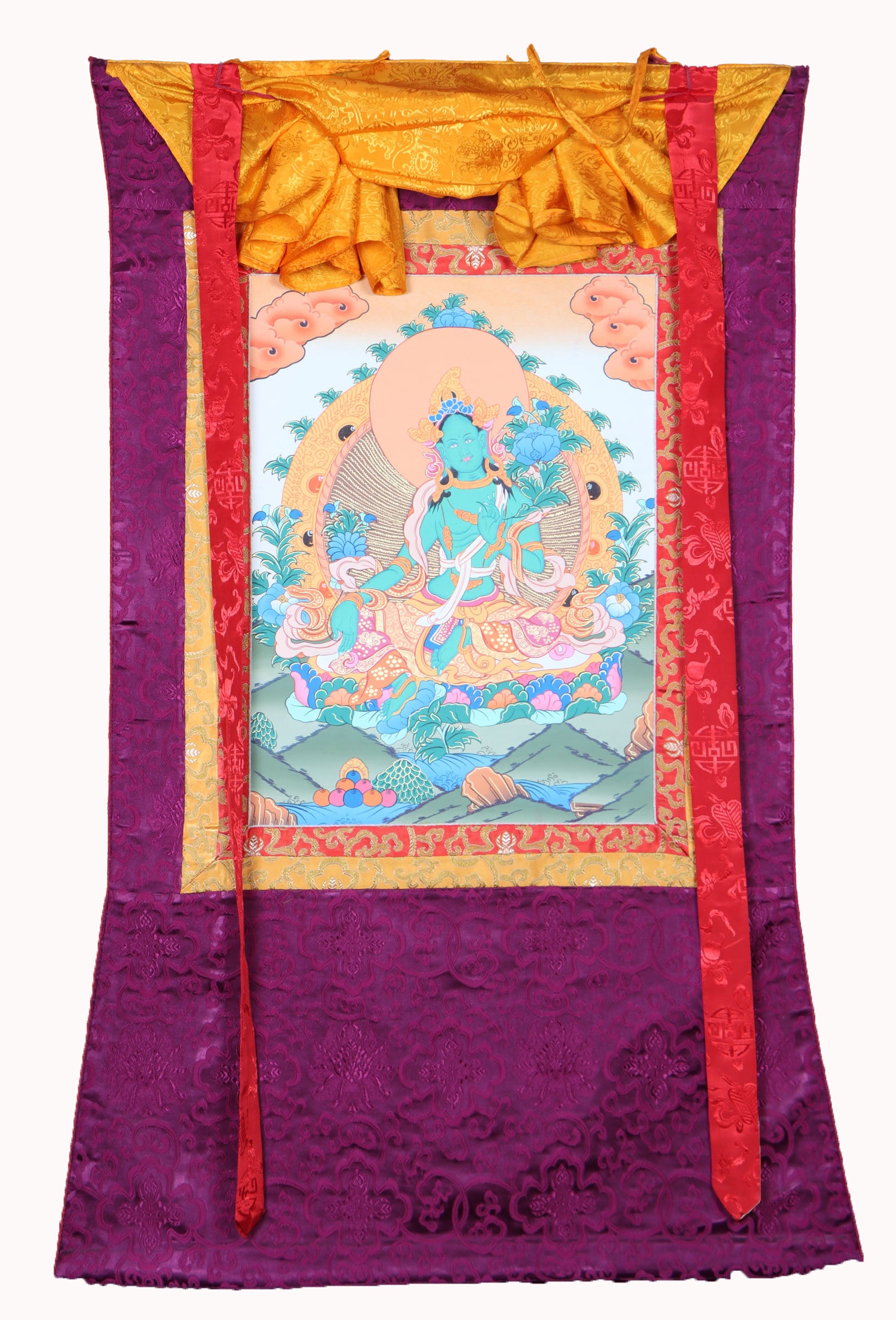 Green Tara Brocade Thangka Painting for meditation.