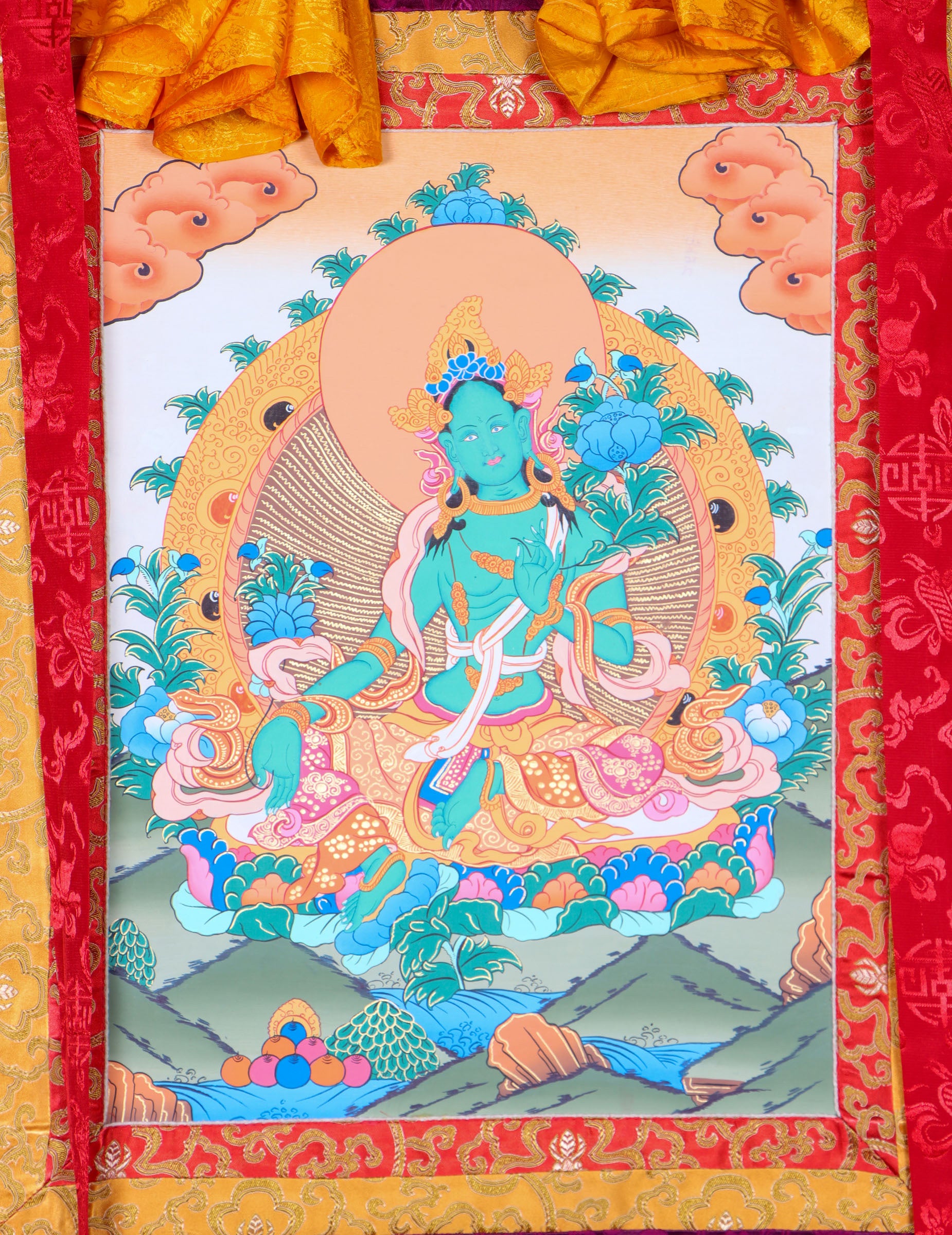 Green Tara Brocade Thangka Painting for meditation.