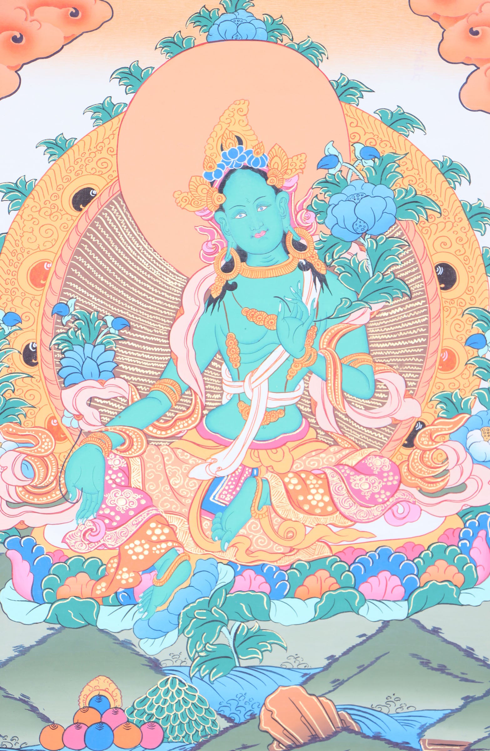 Green Tara Brocade Thangka Painting for meditation.