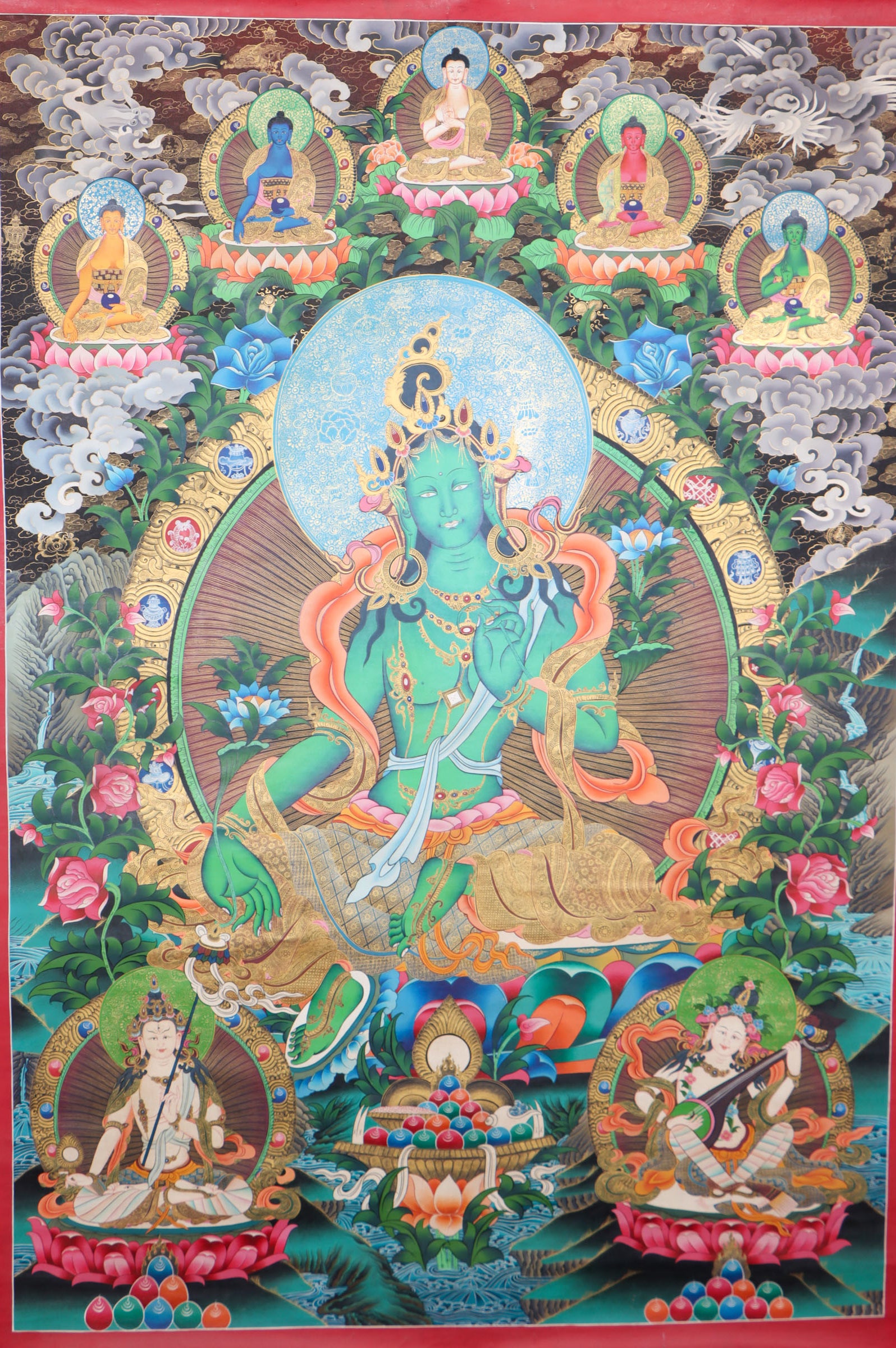 Green Tara Thangka Painting for meditation.Large green tara thangka