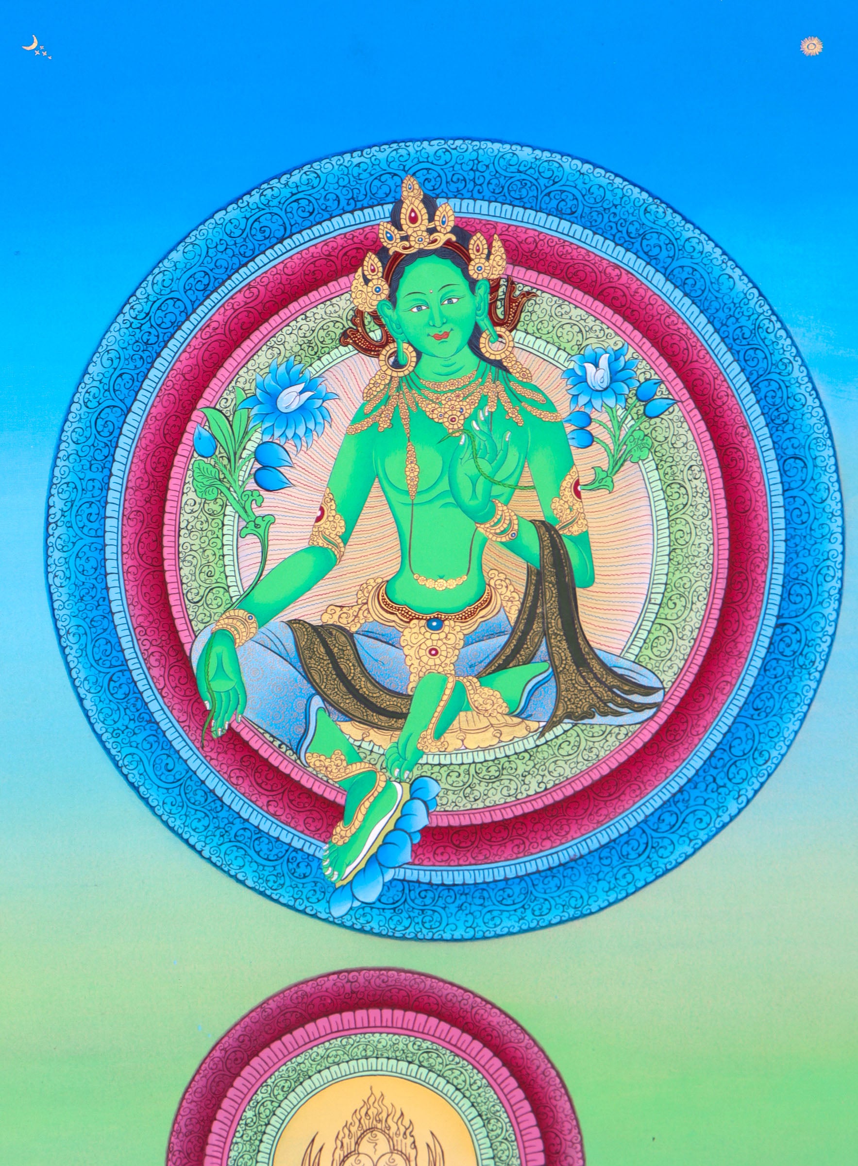 Green Tara Thangka Painting for wall decor.
