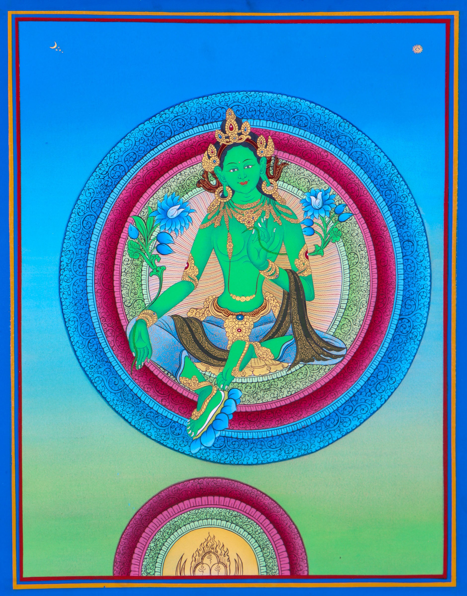 Green Tara Thangka Painting for wall decor.