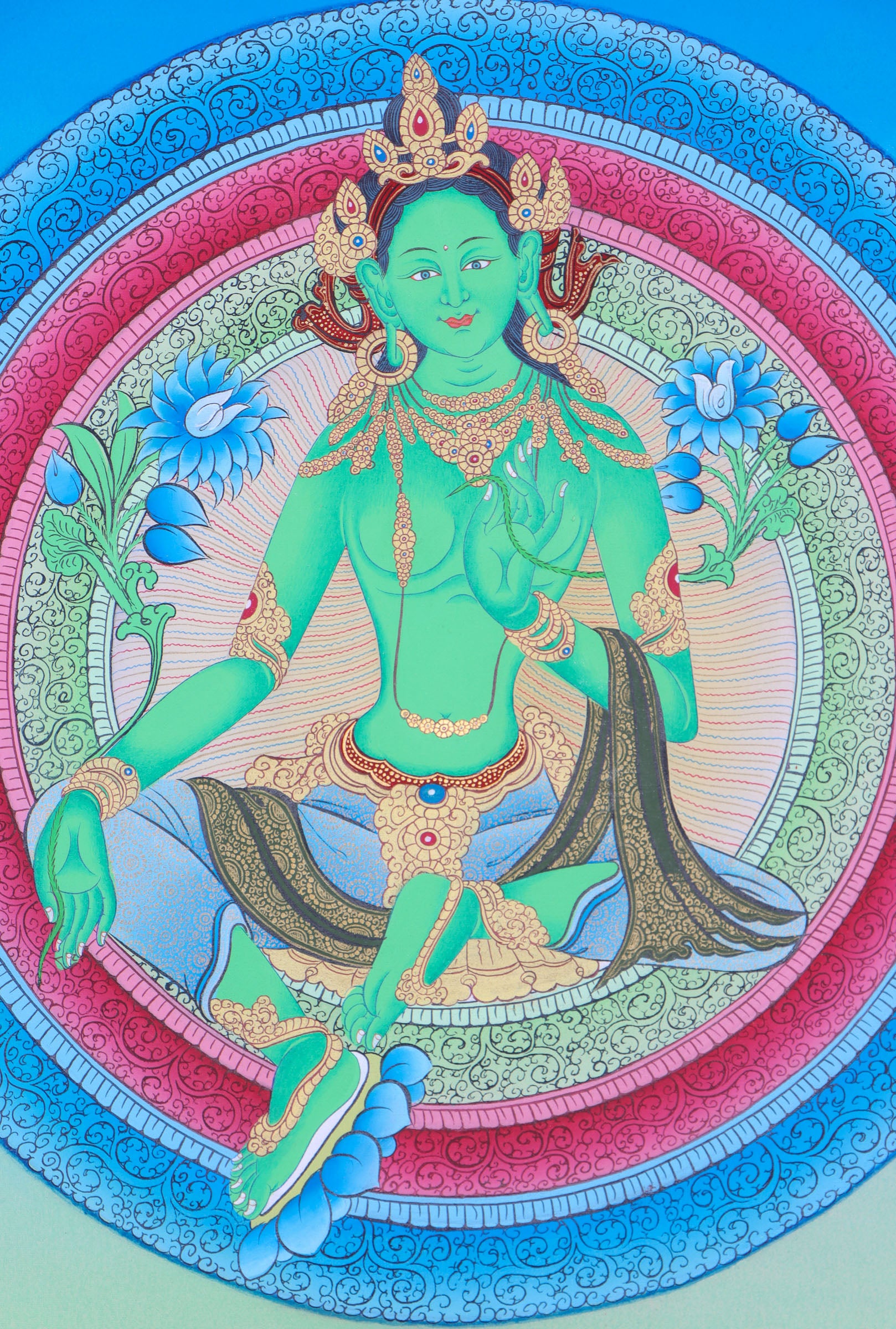 Green Tara Thangka Painting for wall decor.