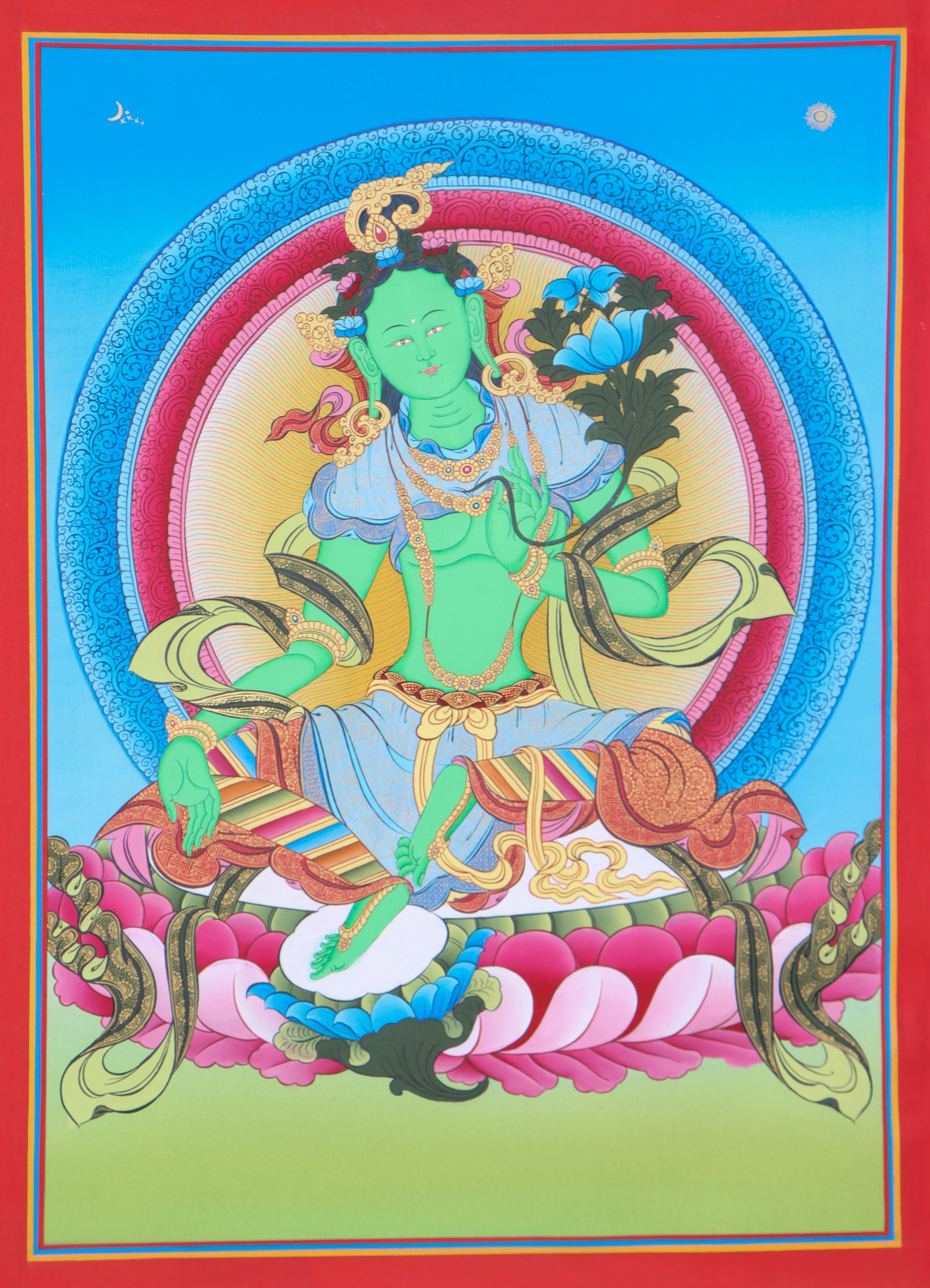 Green Tara Thangka Painting for wall decor.