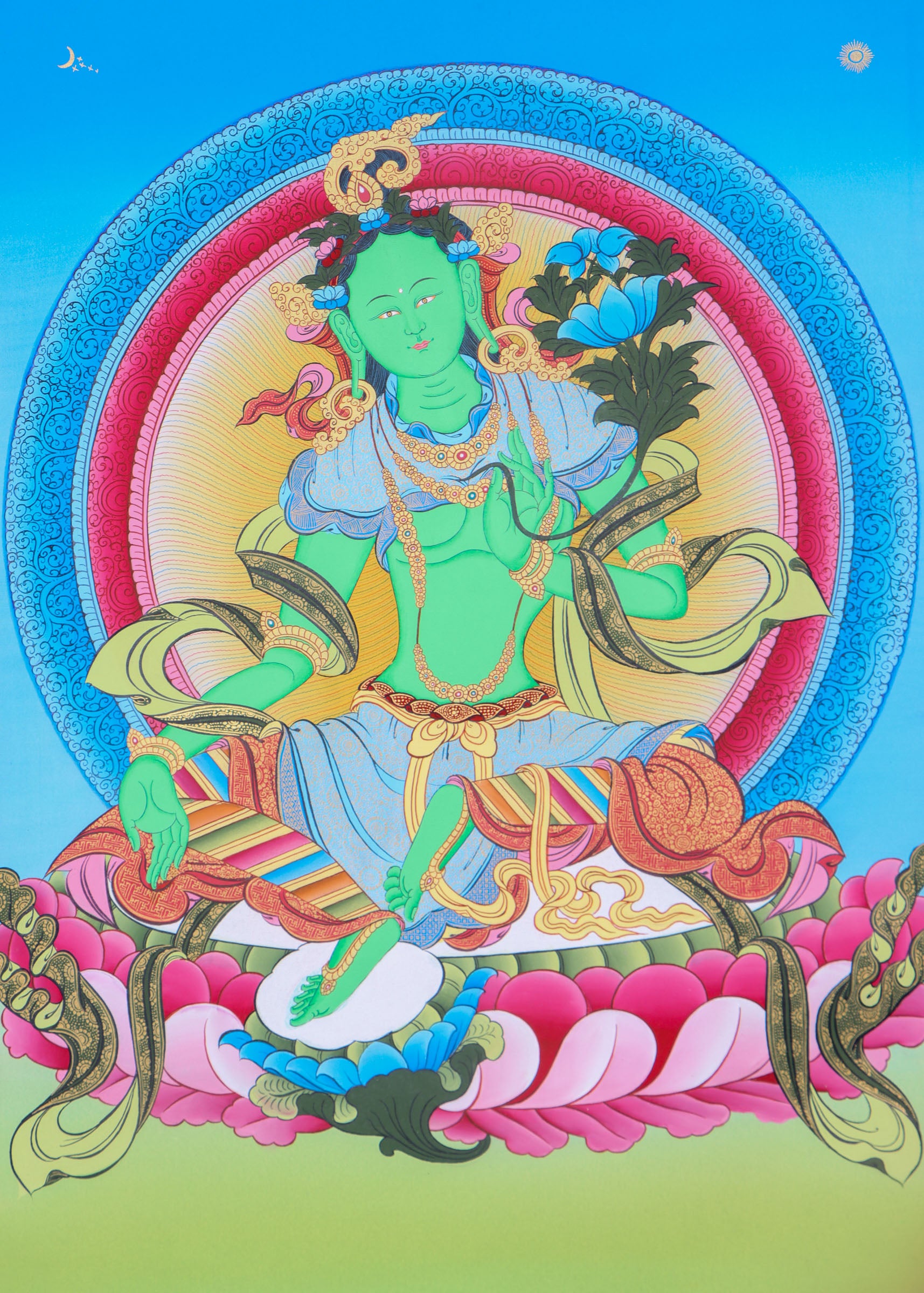 Green Tara Thangka Painting for wall decor.