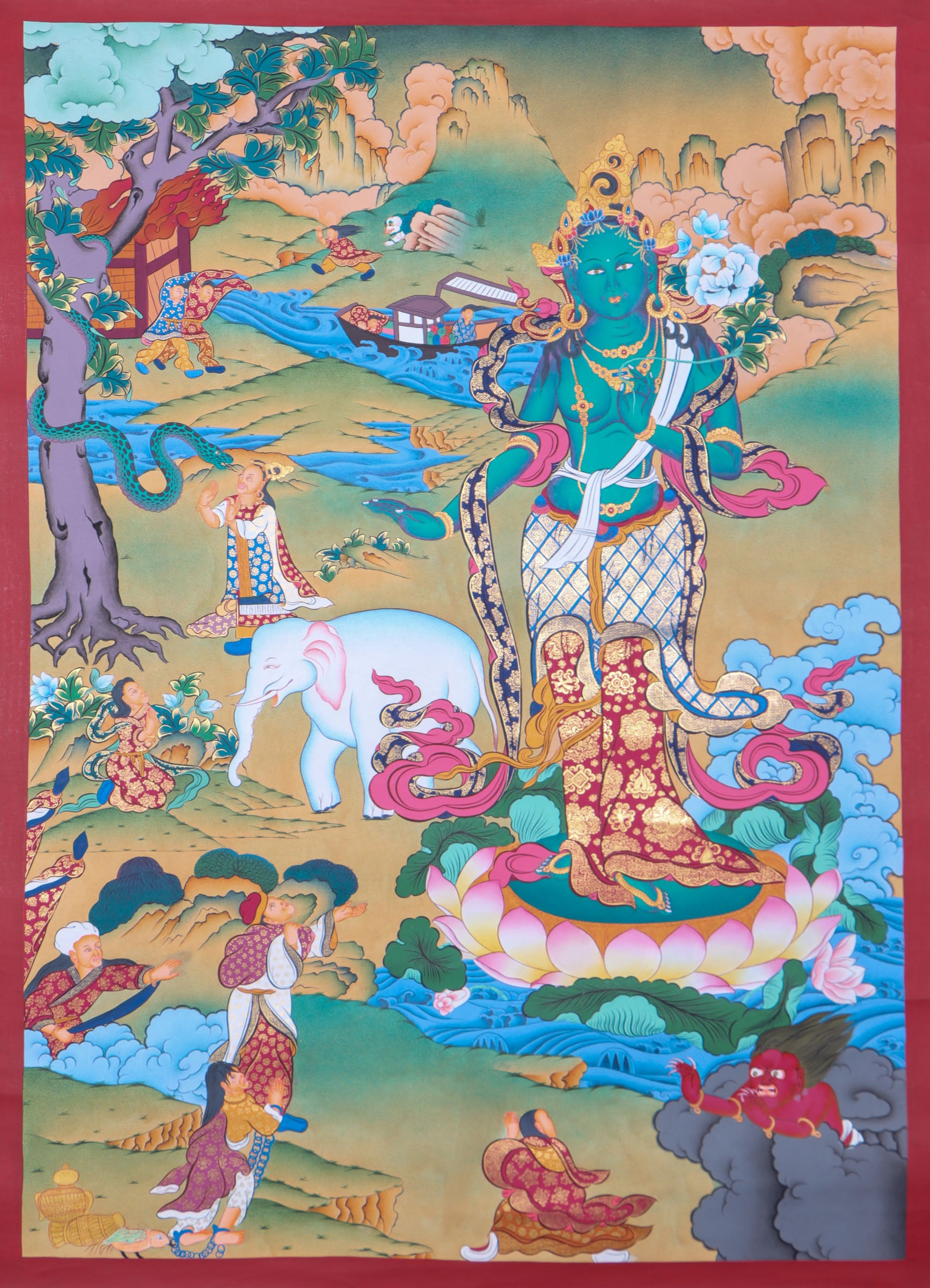 Green Tara Thangka Painting for wall decor.