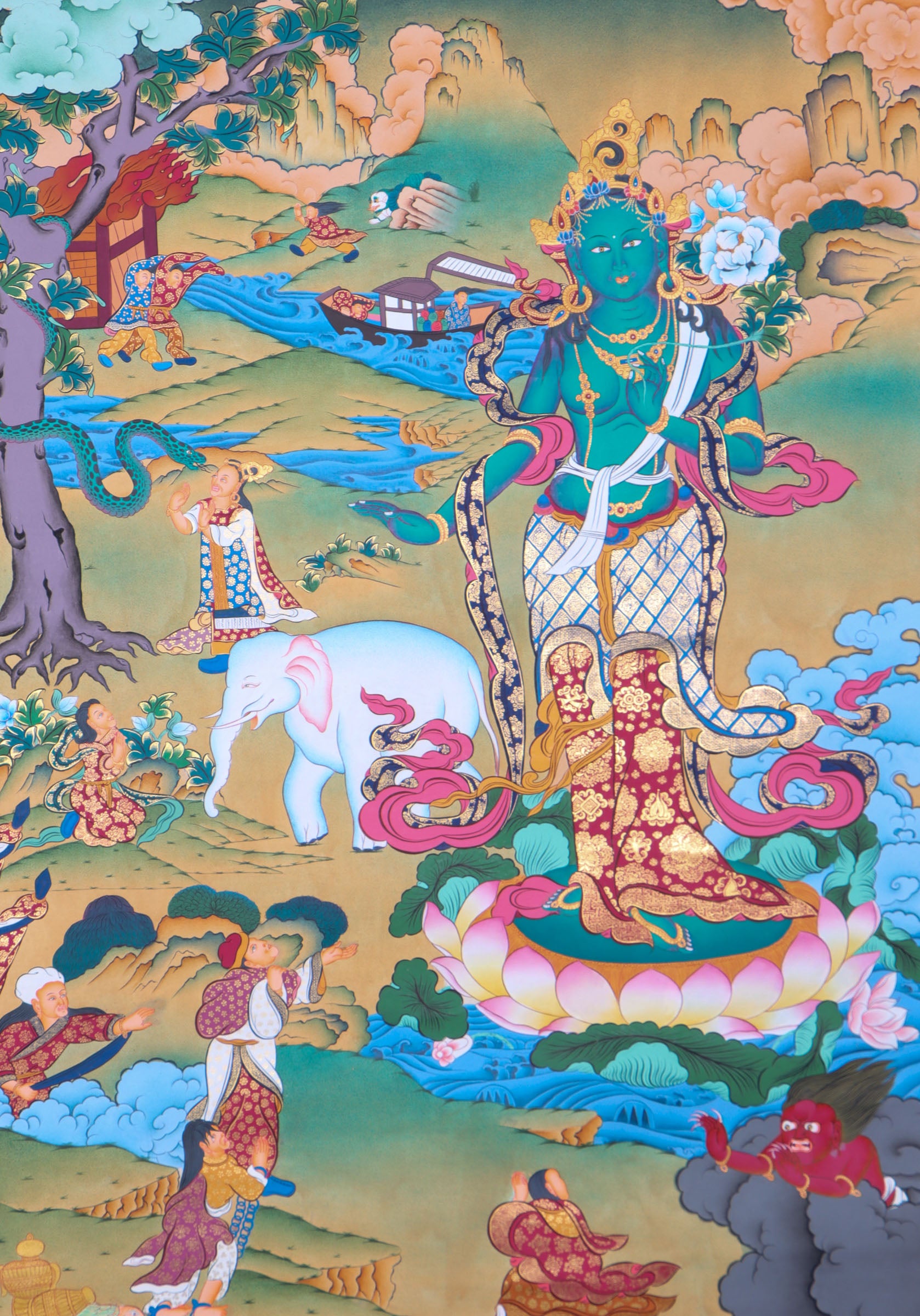 Green Tara Thangka Painting for wall decor.
