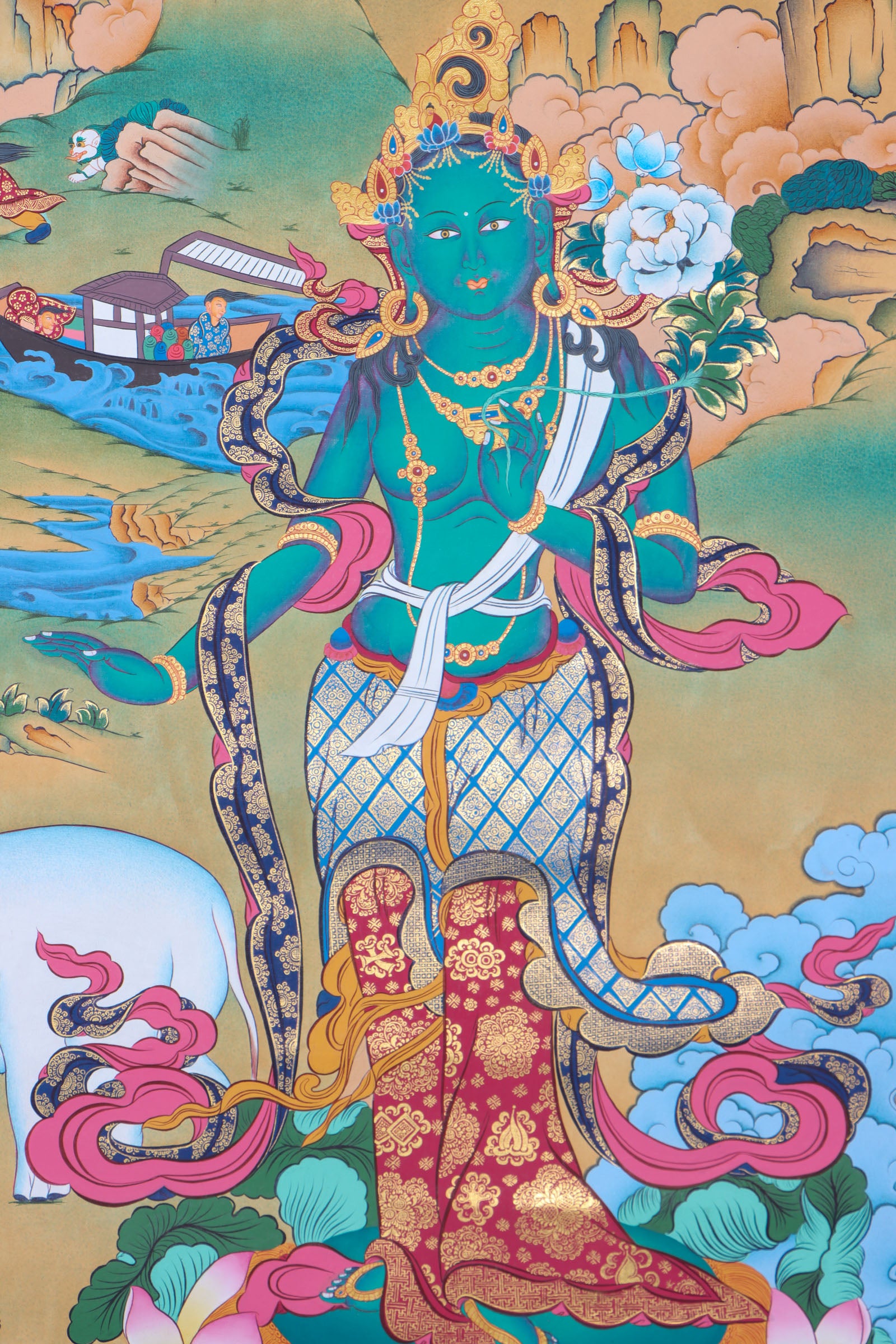Green Tara Thangka Painting for wall decor.