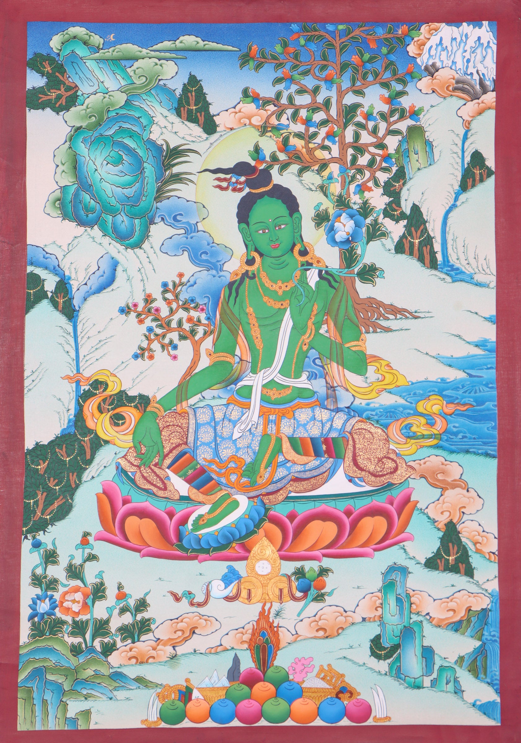 Green Tara Thangka for wall decor.