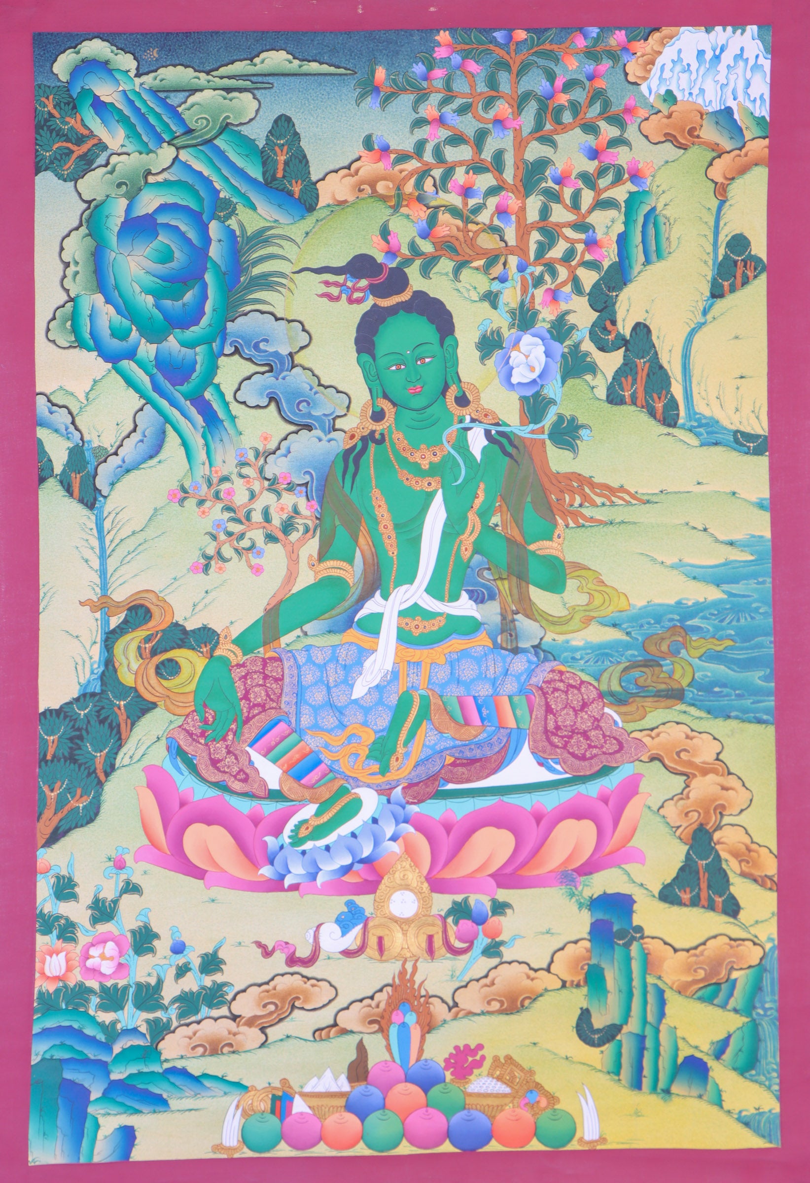 Green Tara Thangka Painting for wall decor.