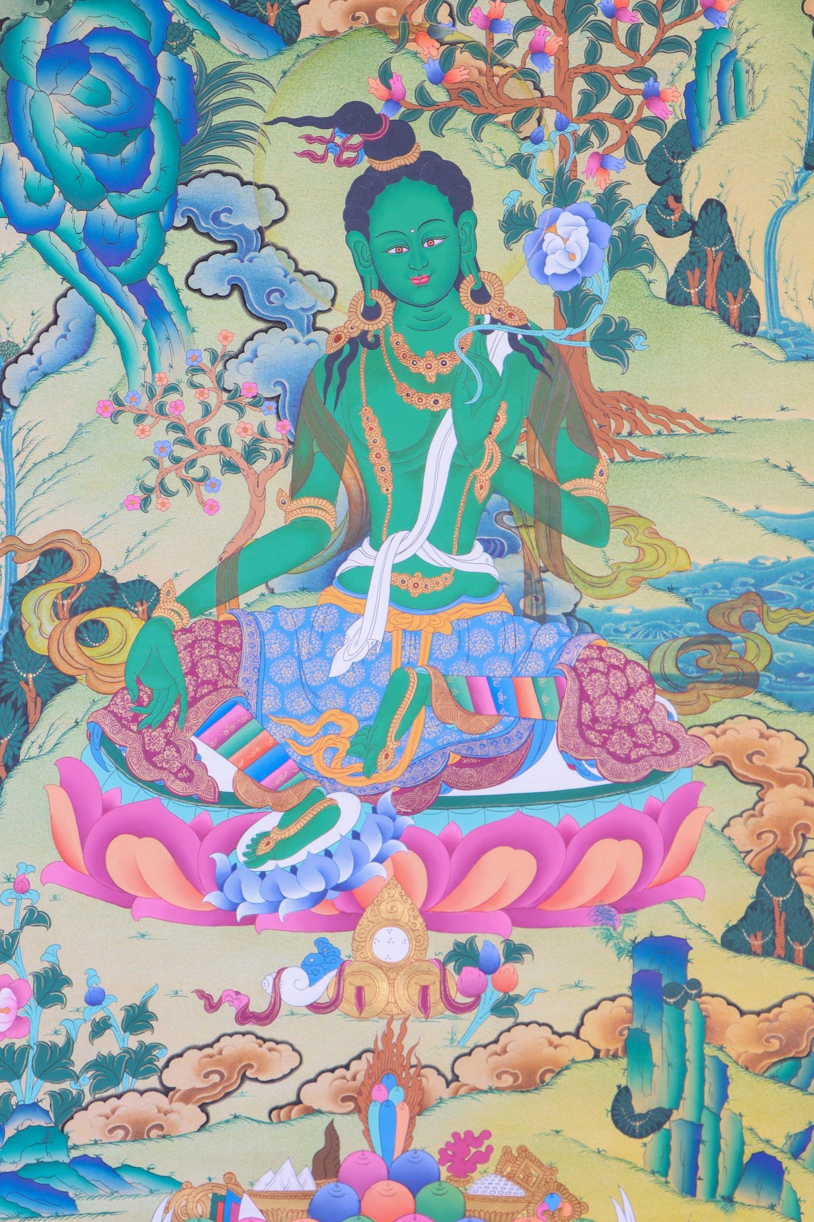 Green Tara Thangka Painting for wall decor.