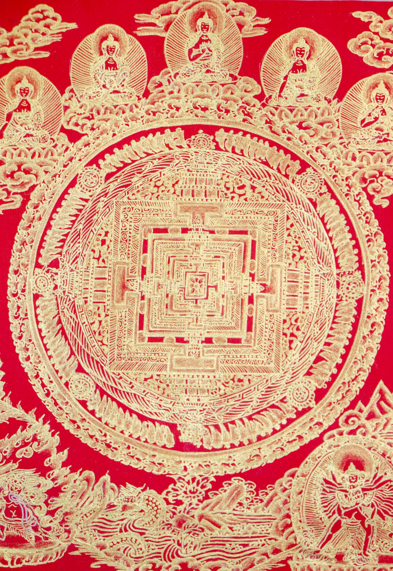 Red & Gold Kalchakra Mandala Thangka painting on cotton canvas for wall hanging