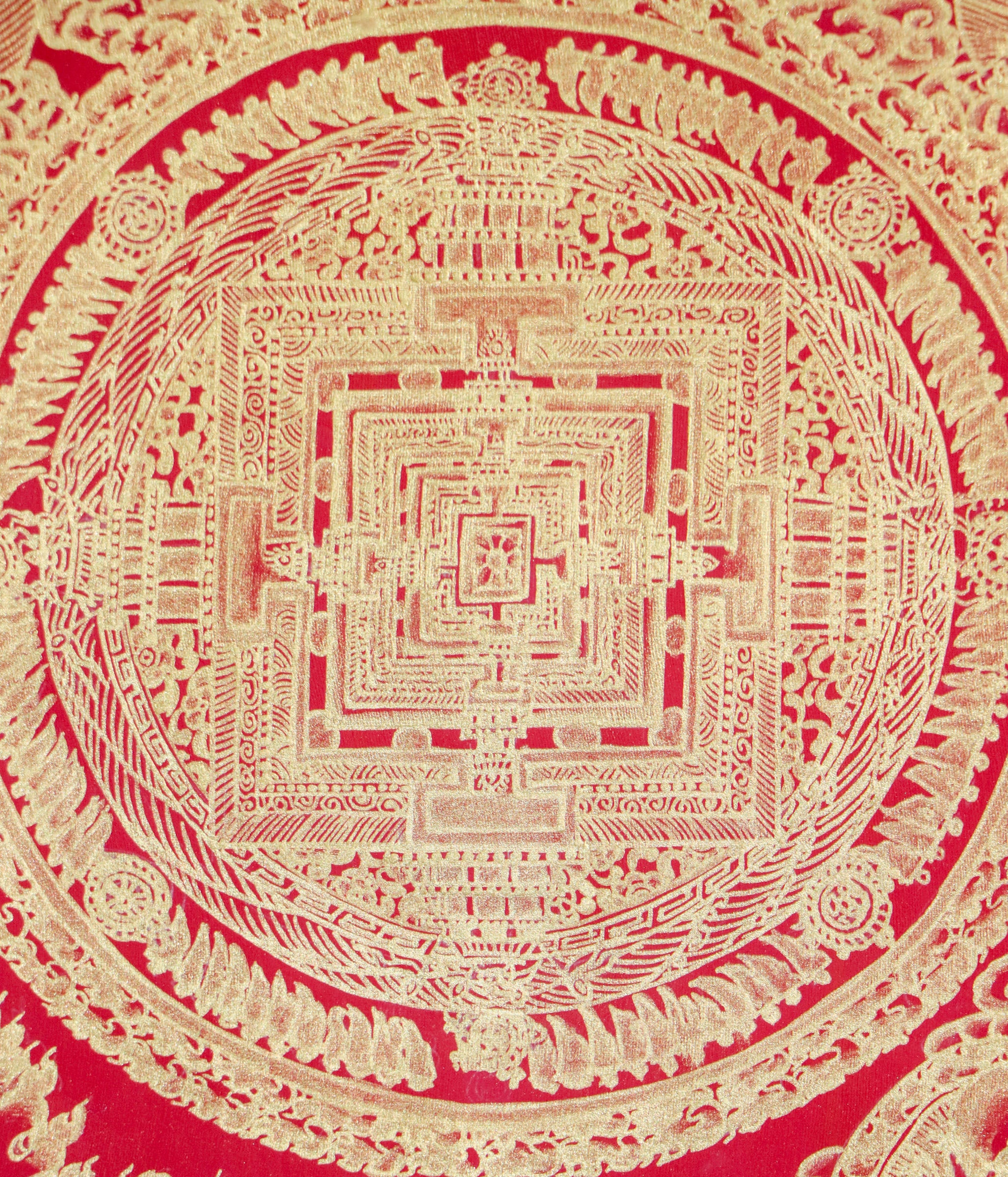 Red & Gold Kalchakra Mandala Thangka painting on cotton canvas for wall hanging