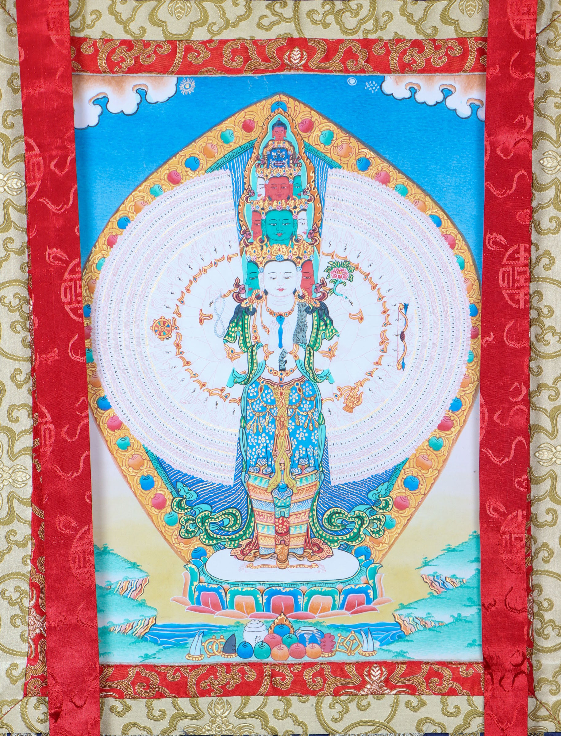 Avalokiteshvara Brocade Thangka Painting for prayer.