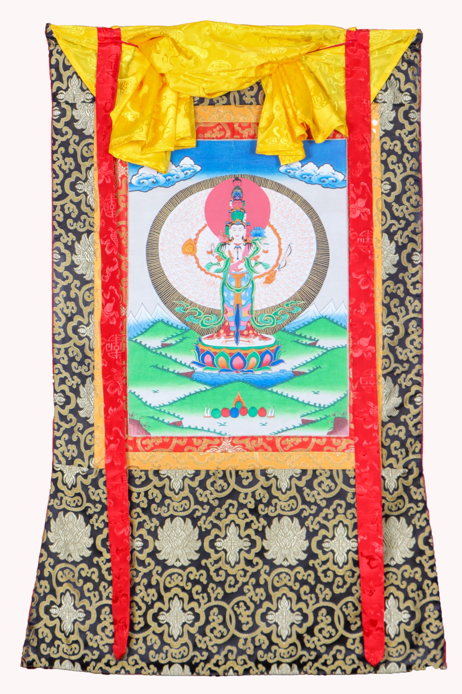Avalokiteshvara Brocade Thangka Painting for wall decor.