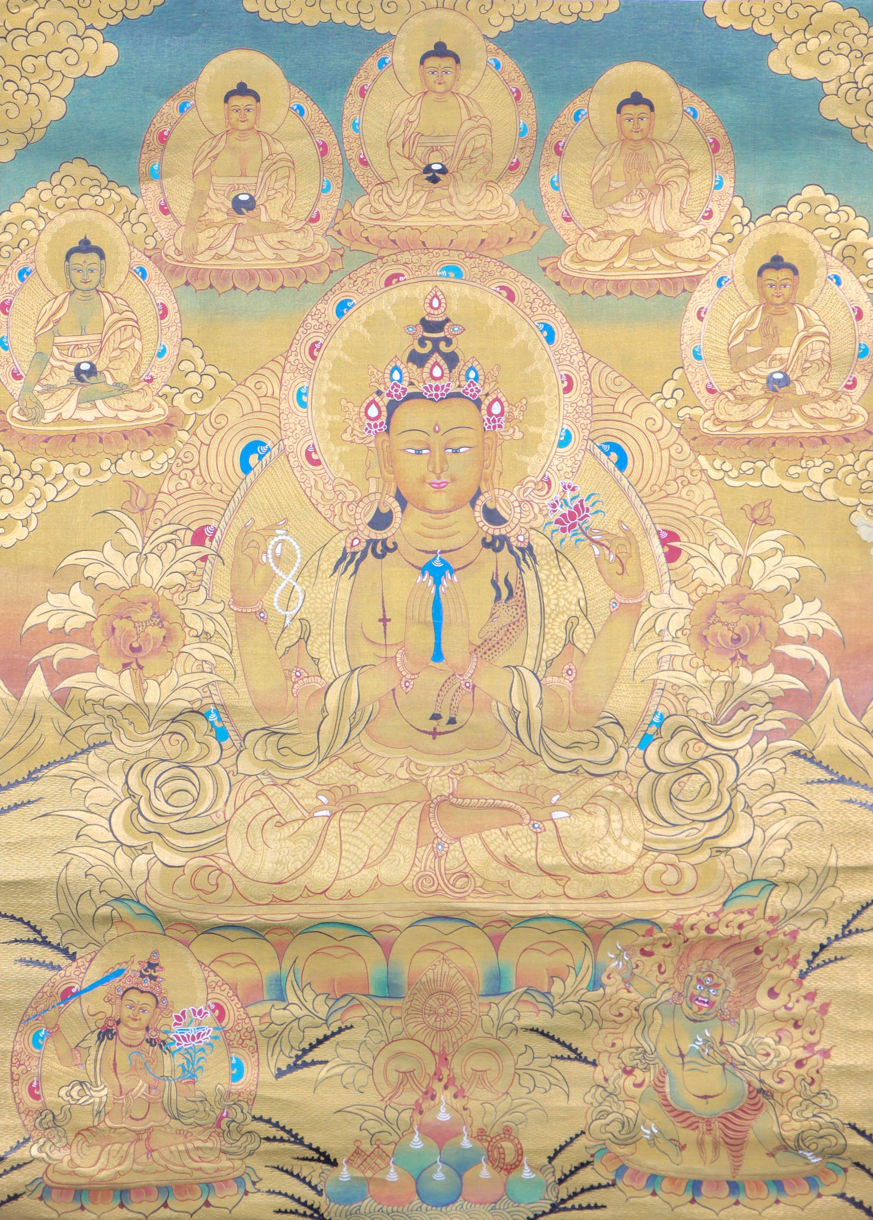 Chengresi Thangka Painting are handpainted on cotton canvas.