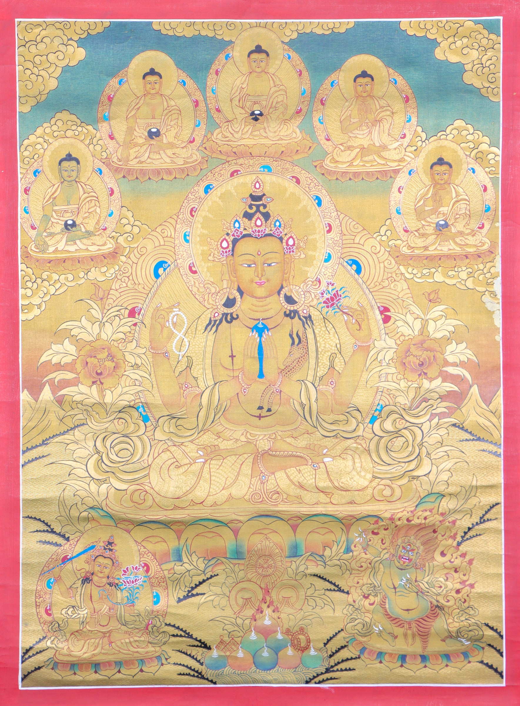 Chengresi Thangka Painting are handpainted on cotton canvas.