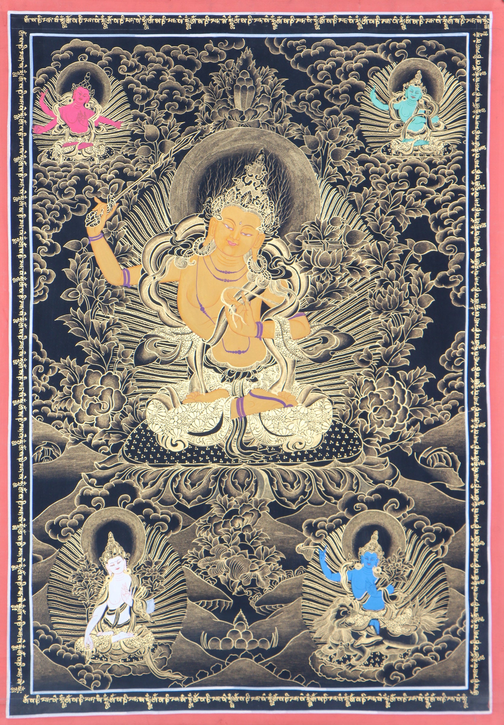 Manjushri Thangka Painting serves as visual aid for meditation.